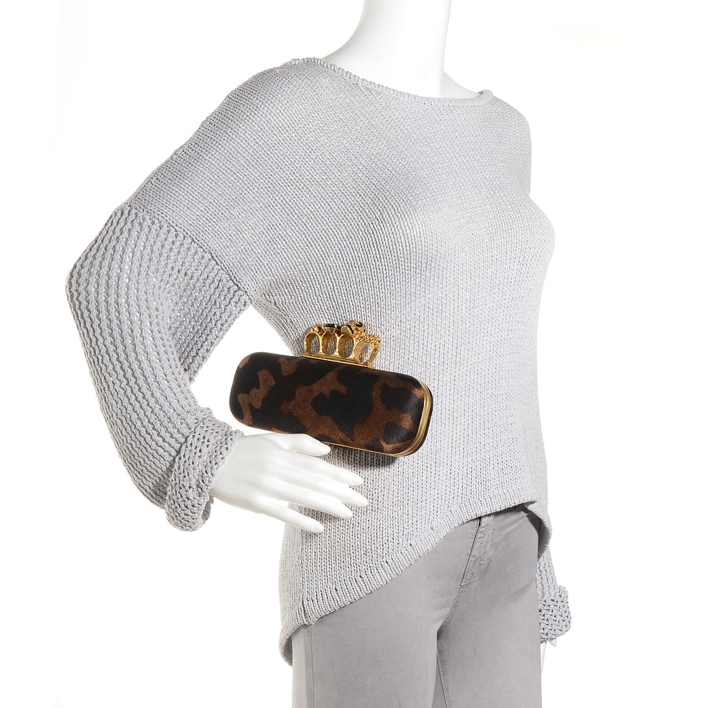 Silk Ocelot Print Skull Knuckle Box Clutch