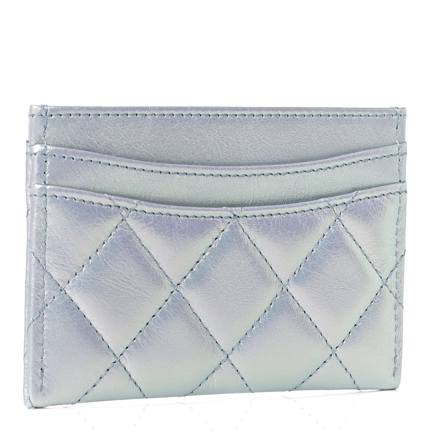 Iridescent Lambskin Quilted Card Holder Light Blue