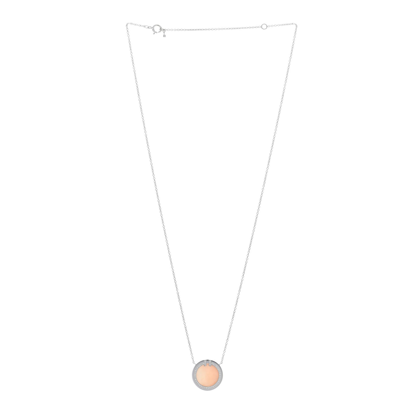 18K White Gold Diamond Pink Opal T Circle Pendant Necklace