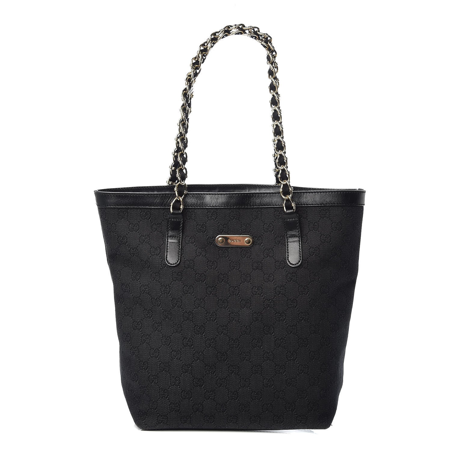 Gucci Denim Monogram Chain Bucket Tote Black 1 of 16