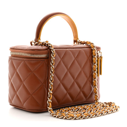 Chanel Lambskin Quilted Small Top Handle Vanity Case With Chain Light Brown Yellow 3 of 11