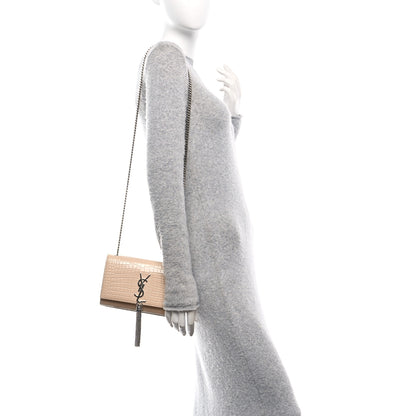 Saint Laurent Calfskin Crocodile Embossed Small Classic Monogram Kate Tassel Satchel Nude Powder 2 of 11