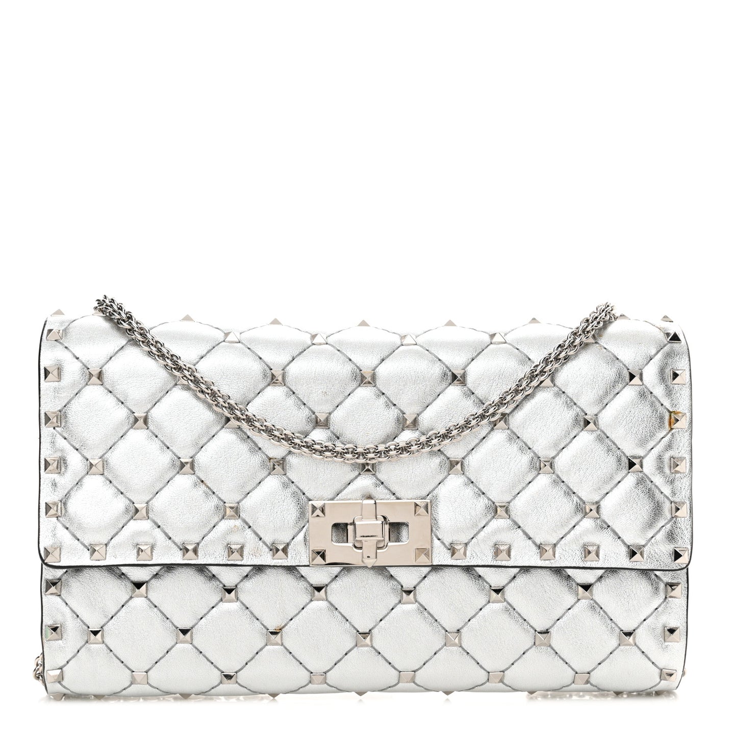 Metallic Lambskin Rockstud Spike Wallet on Chain Silver