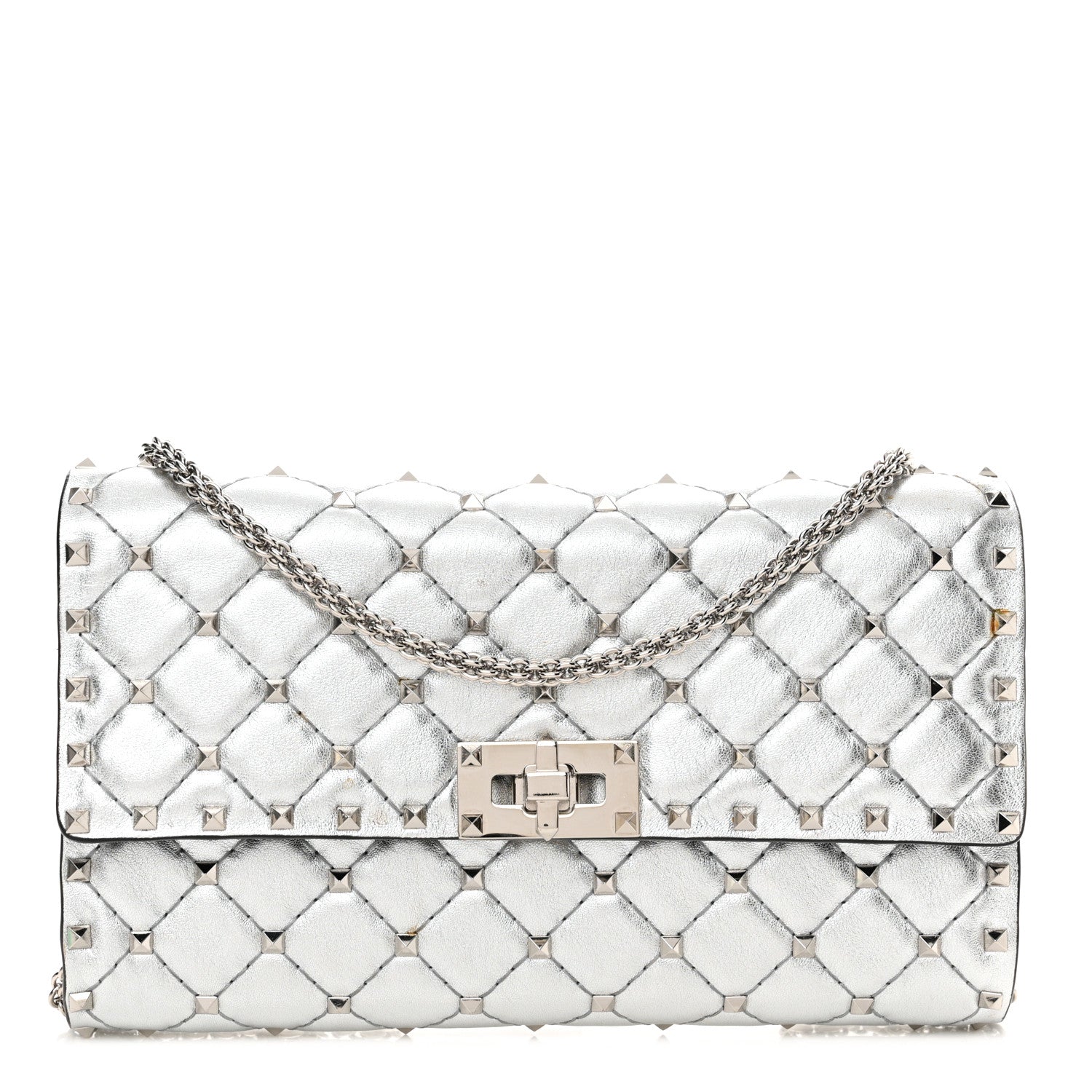 Valentino Garavani Metallic Lambskin Rockstud Spike Wallet on Chain Silver 1 of 11