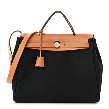 Hermes Toile Vache Calfskin Herbag 30 PM Black Natural 1 of 12