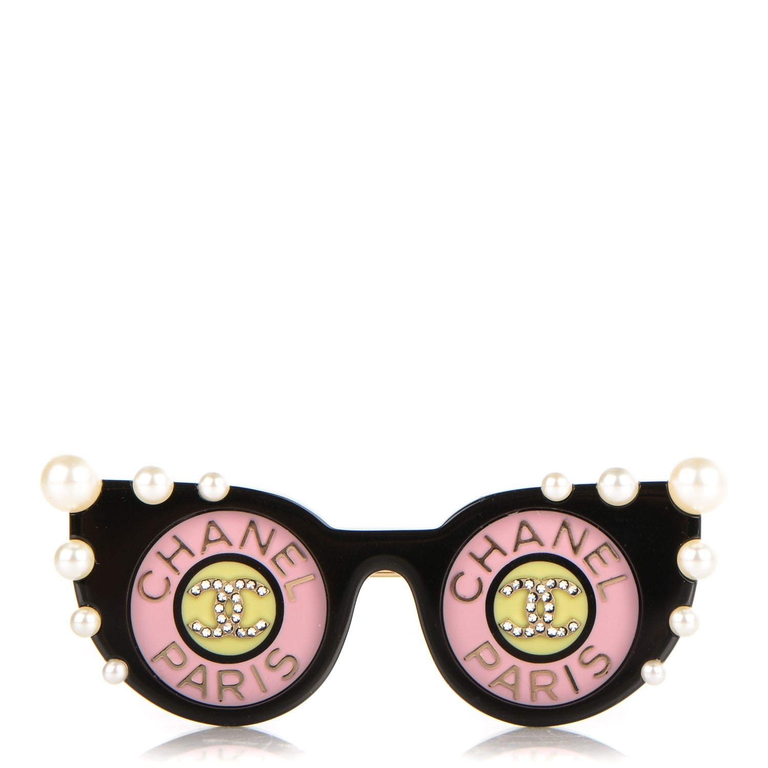 Chanel Metal Resin Crystal Pearl Sunglass Brooch Gold Black Pink Pearly White 1 of 4