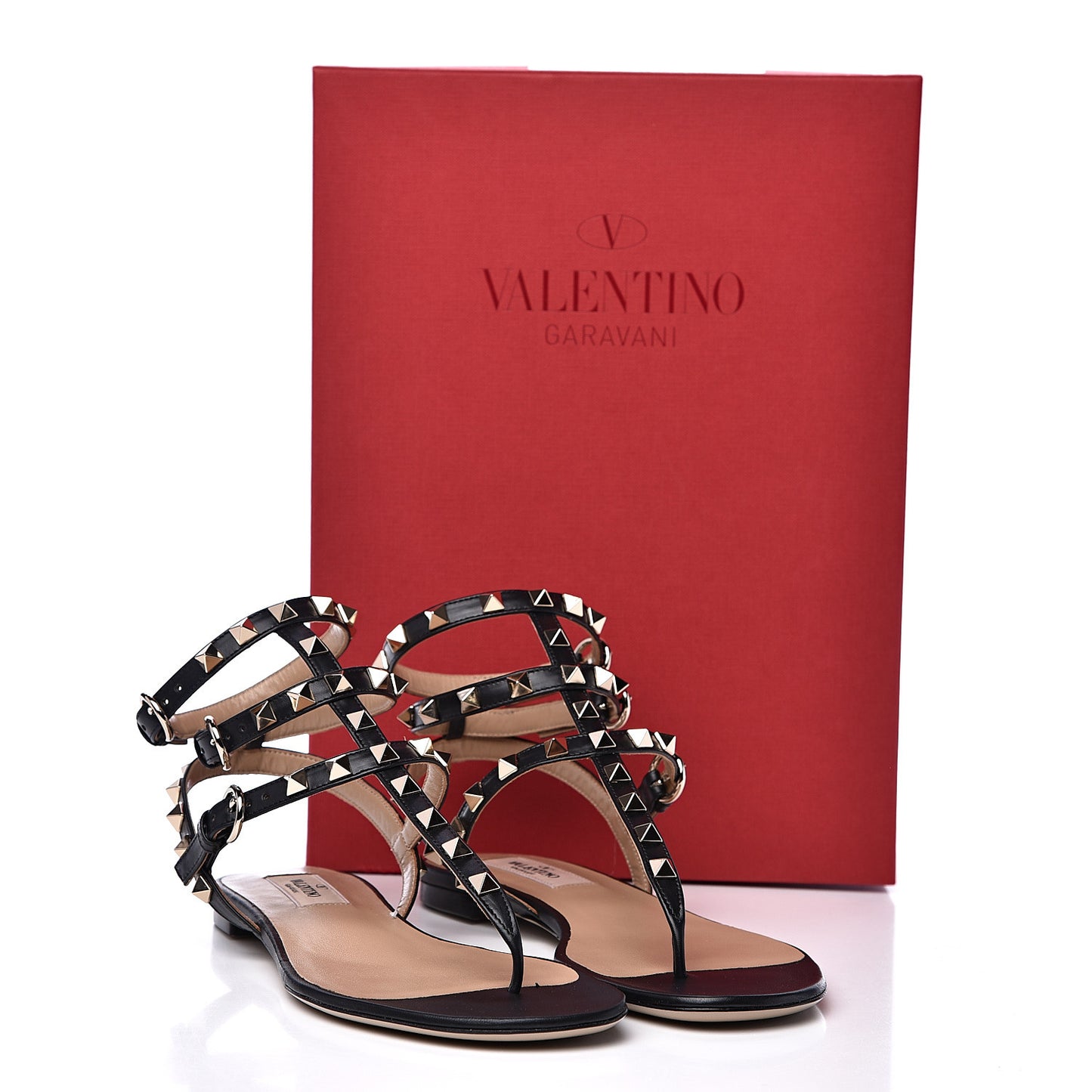 Calfskin Rockstud Ankle Wrap Flat Thong Sandals 36 Black