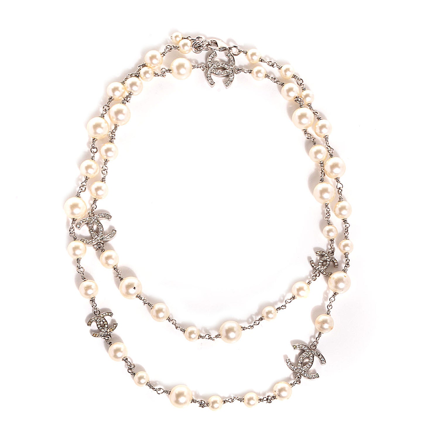 Crystal Pearl CC Long Necklace Silver