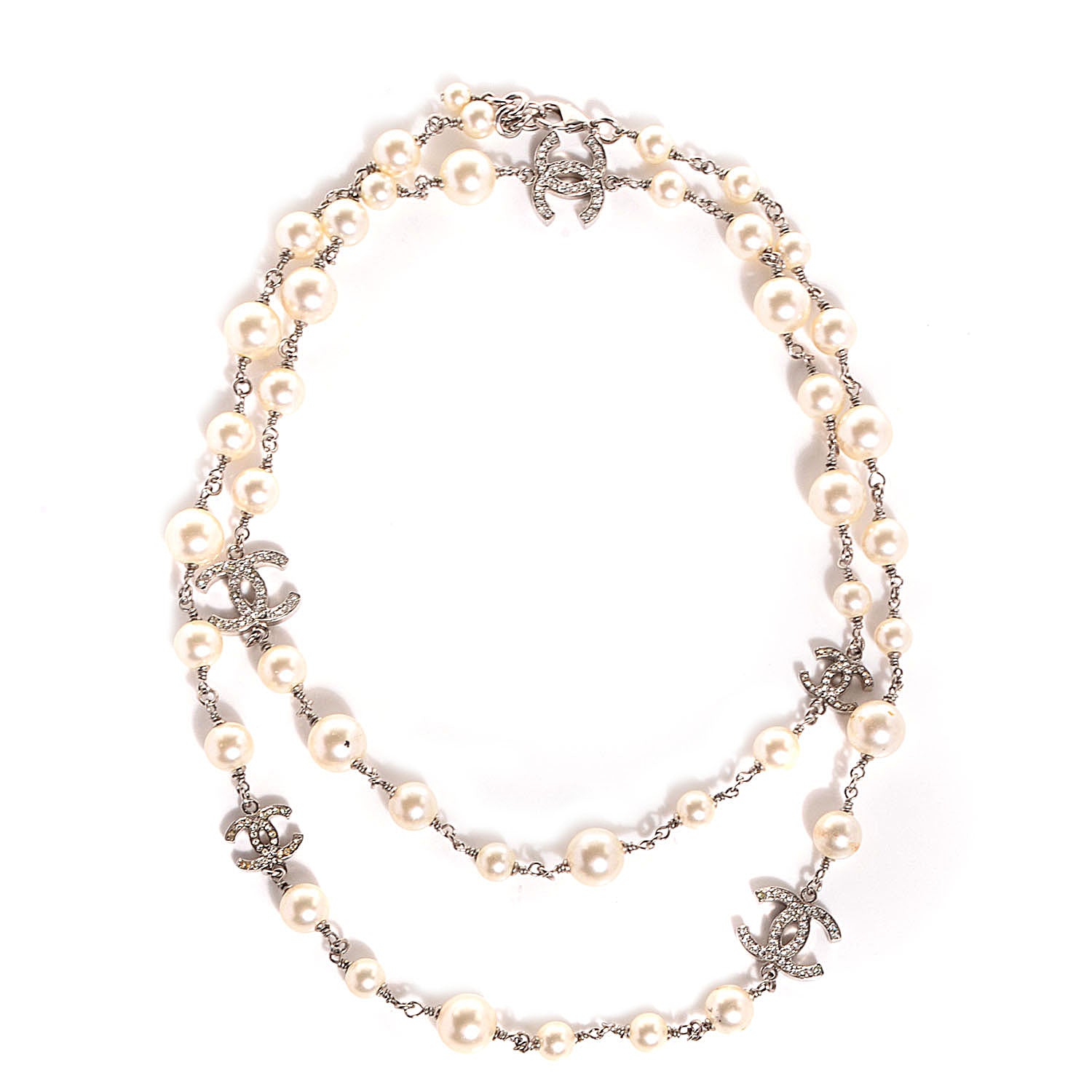 Chanel Crystal Pearl CC Long Necklace Silver 1 of 5