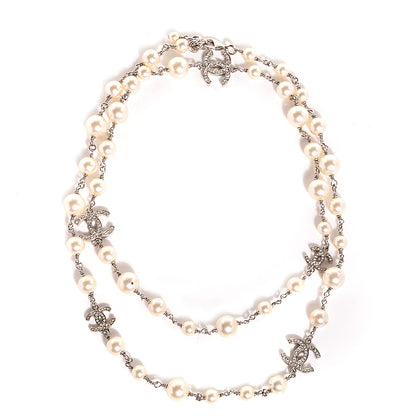 Chanel Crystal Pearl CC Long Necklace Silver 1 of 5