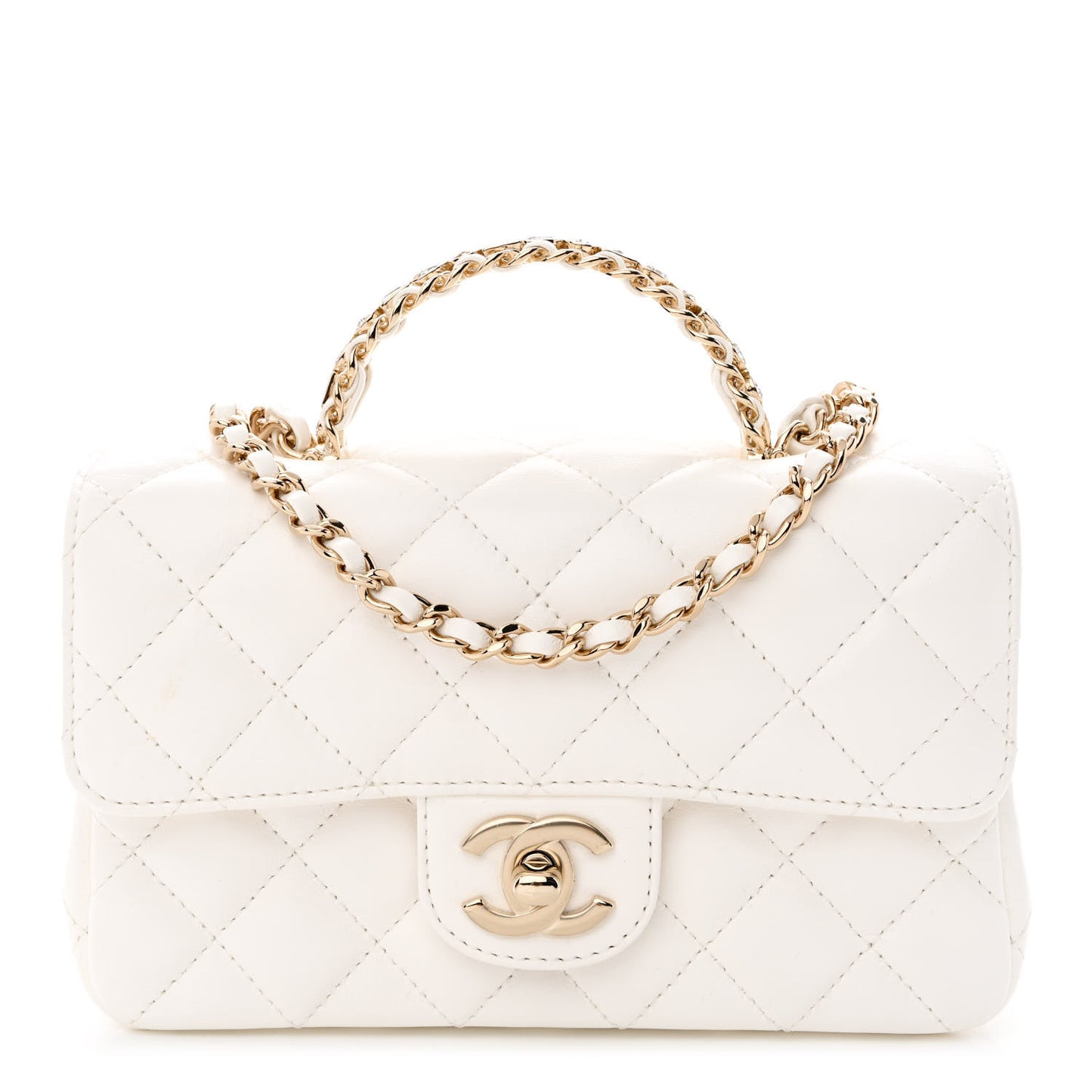 Lambskin Quilted Mini Crystal Top Handle Rectangular Flap White