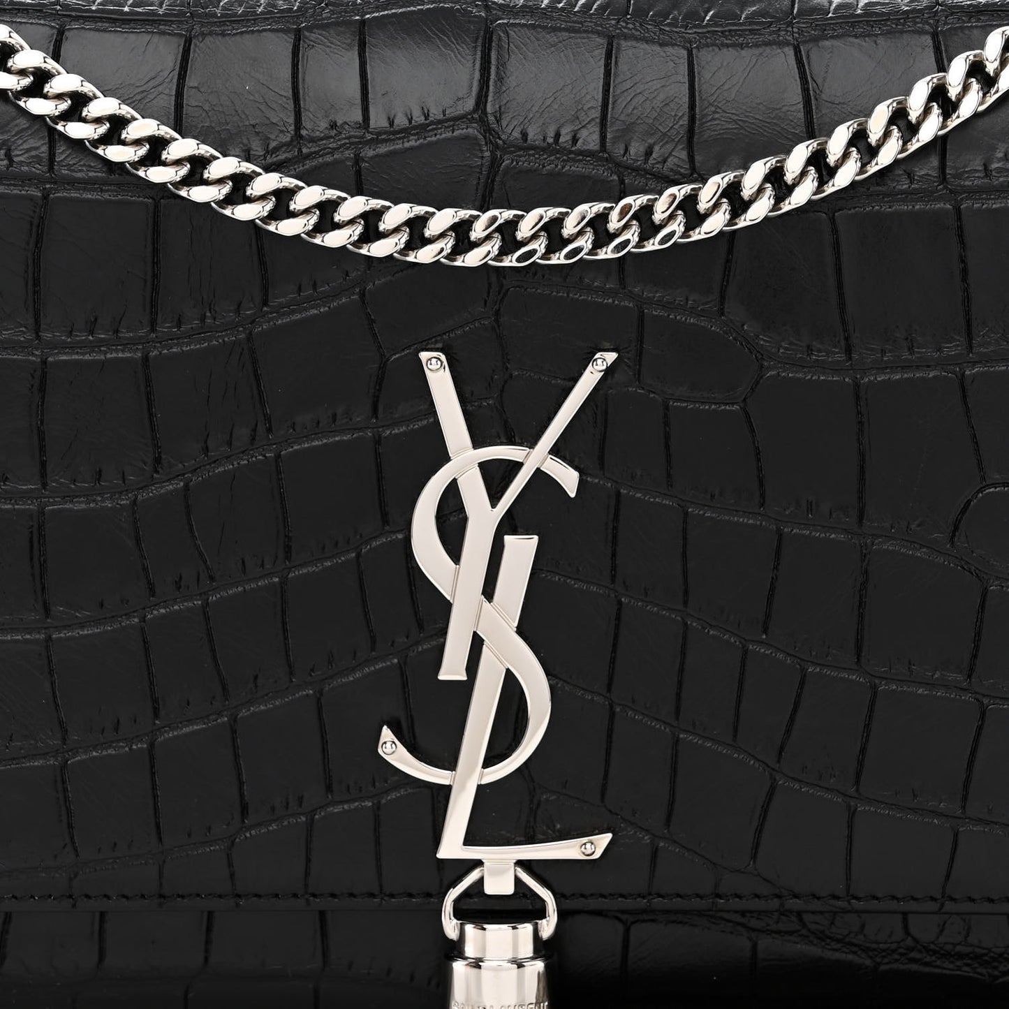 Calfskin Crocodile Embossed Medium Classic Monogram Kate Tassel Satchel Black