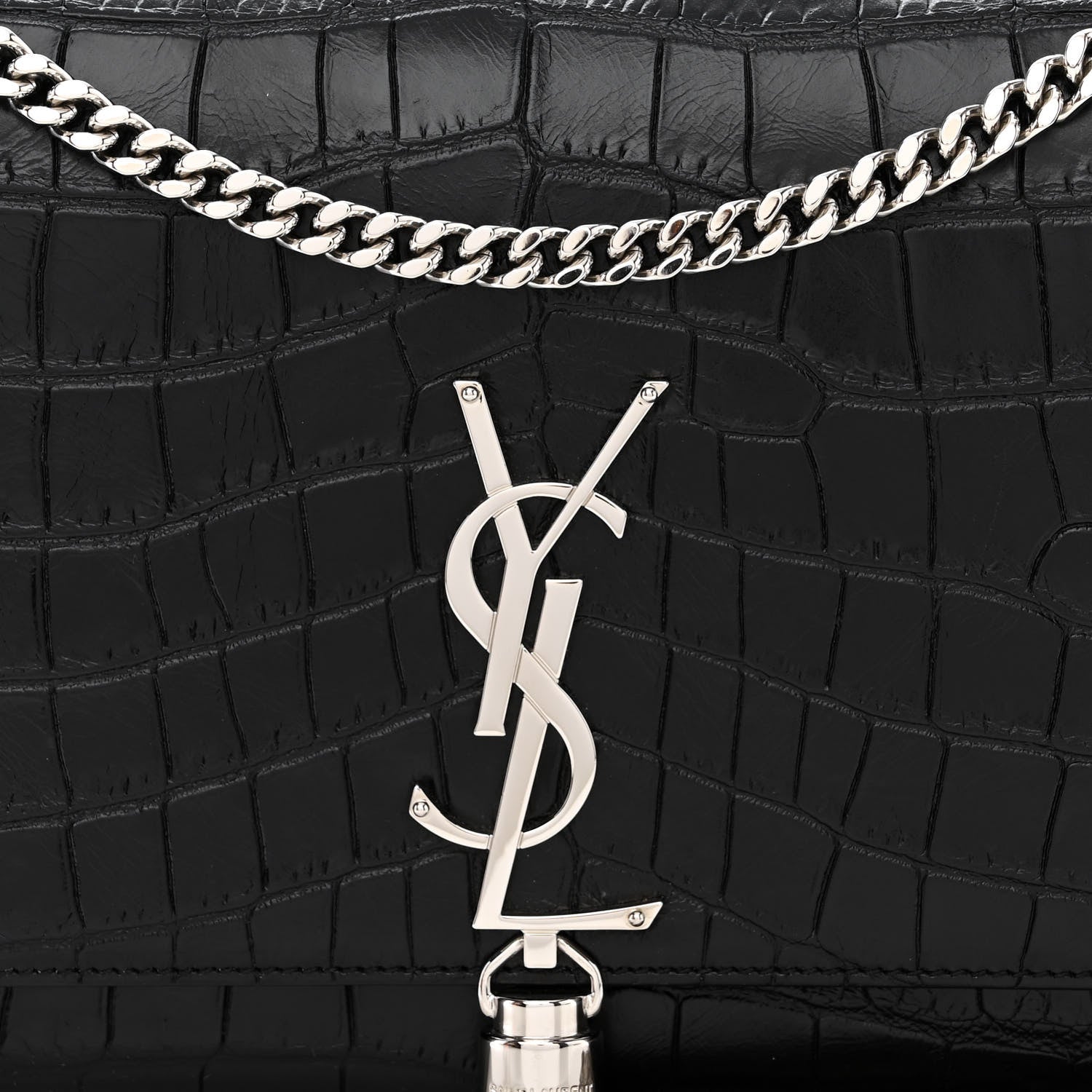 Saint Laurent Calfskin Crocodile Embossed Medium Classic Monogram Kate Tassel Satchel Black 8 of 10