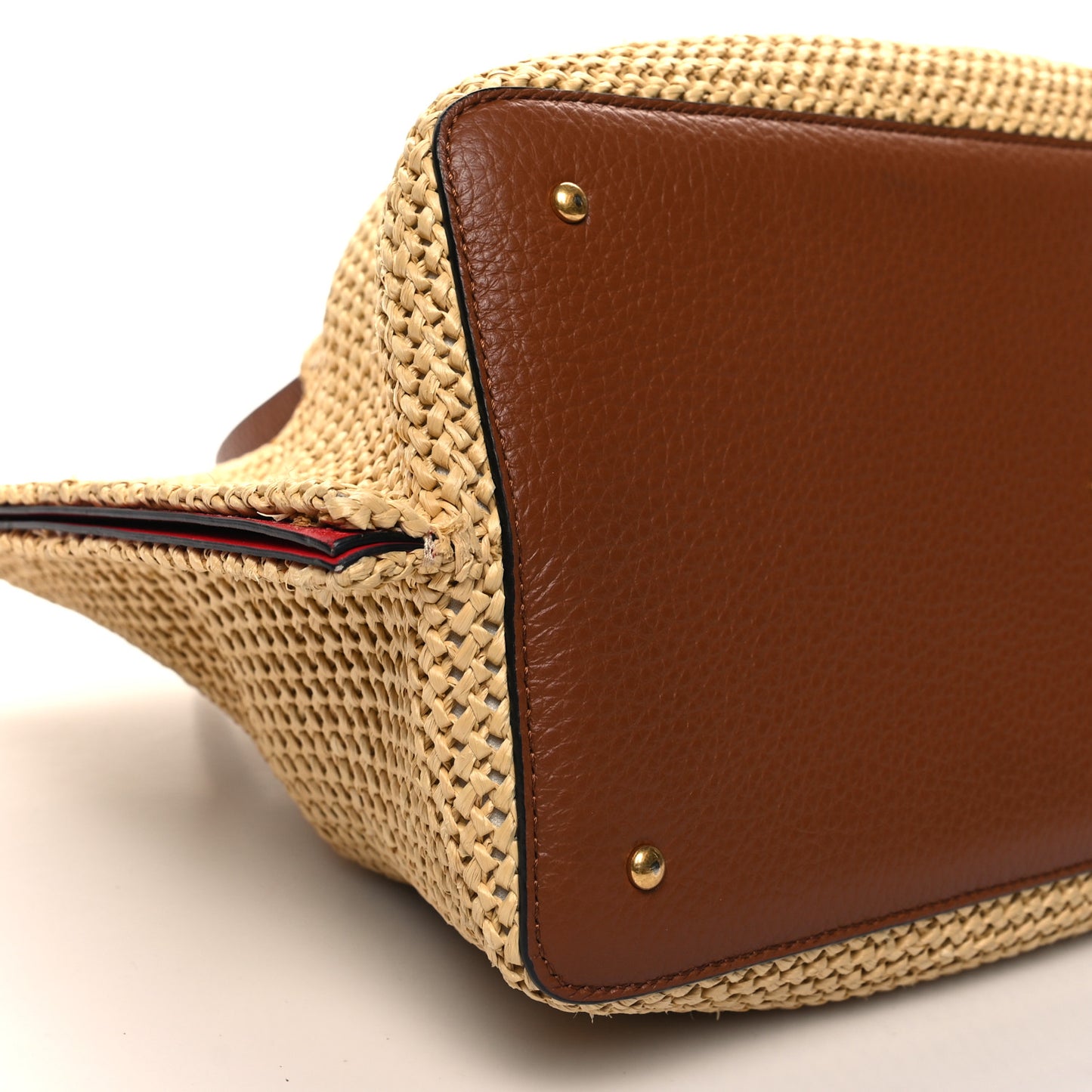 Raffia Grained Calfskin Medium Rockstud Vlogo Tote Naturale