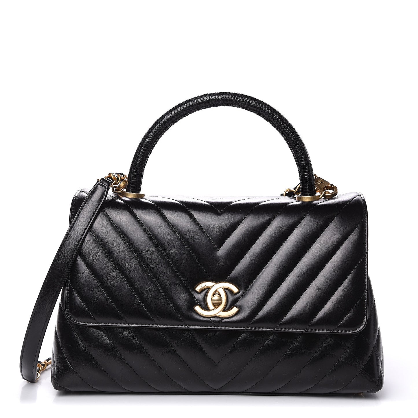 Calfskin Lizard Chevron Quilted Small Coco Handle Flap Black