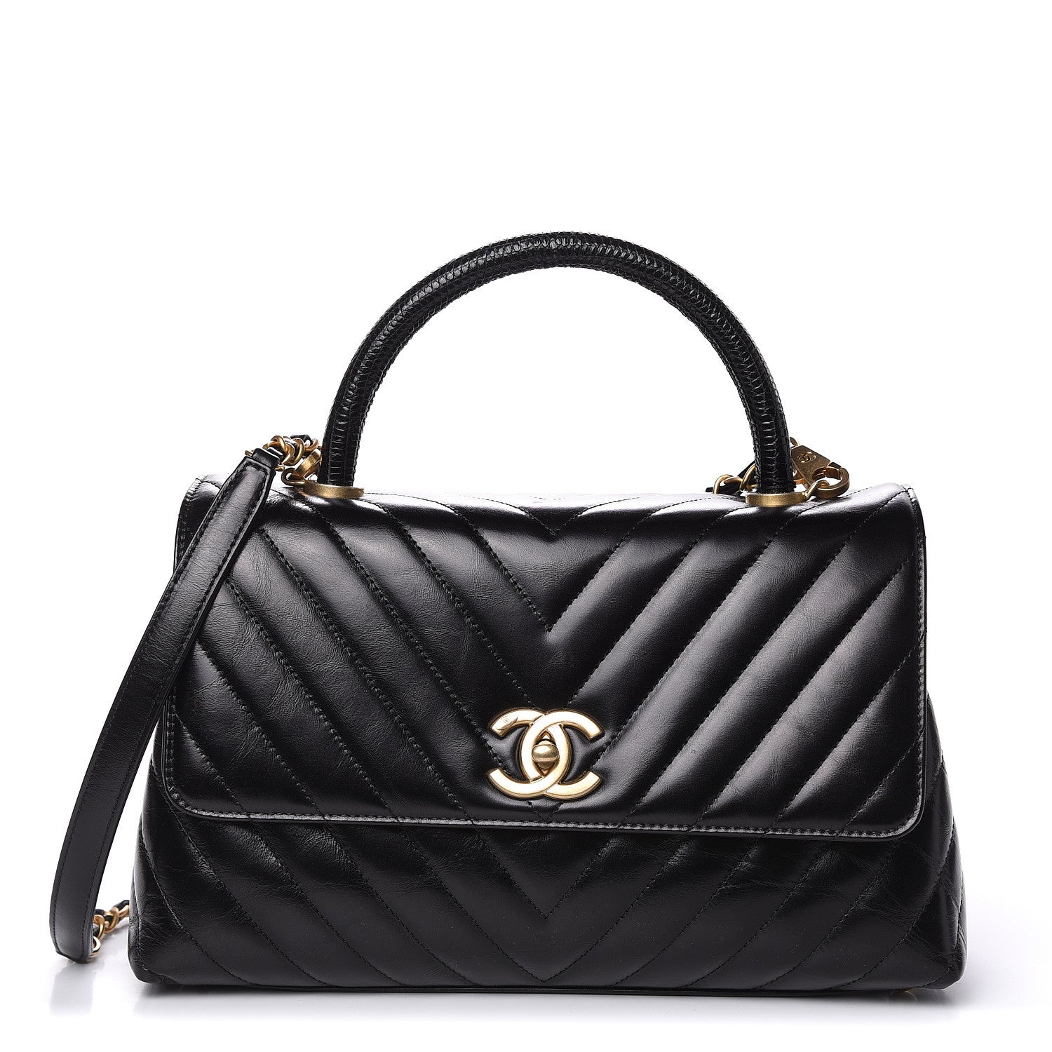 Chanel Calfskin Lizard Chevron Quilted Small Coco Handle Flap Black 1 of 10