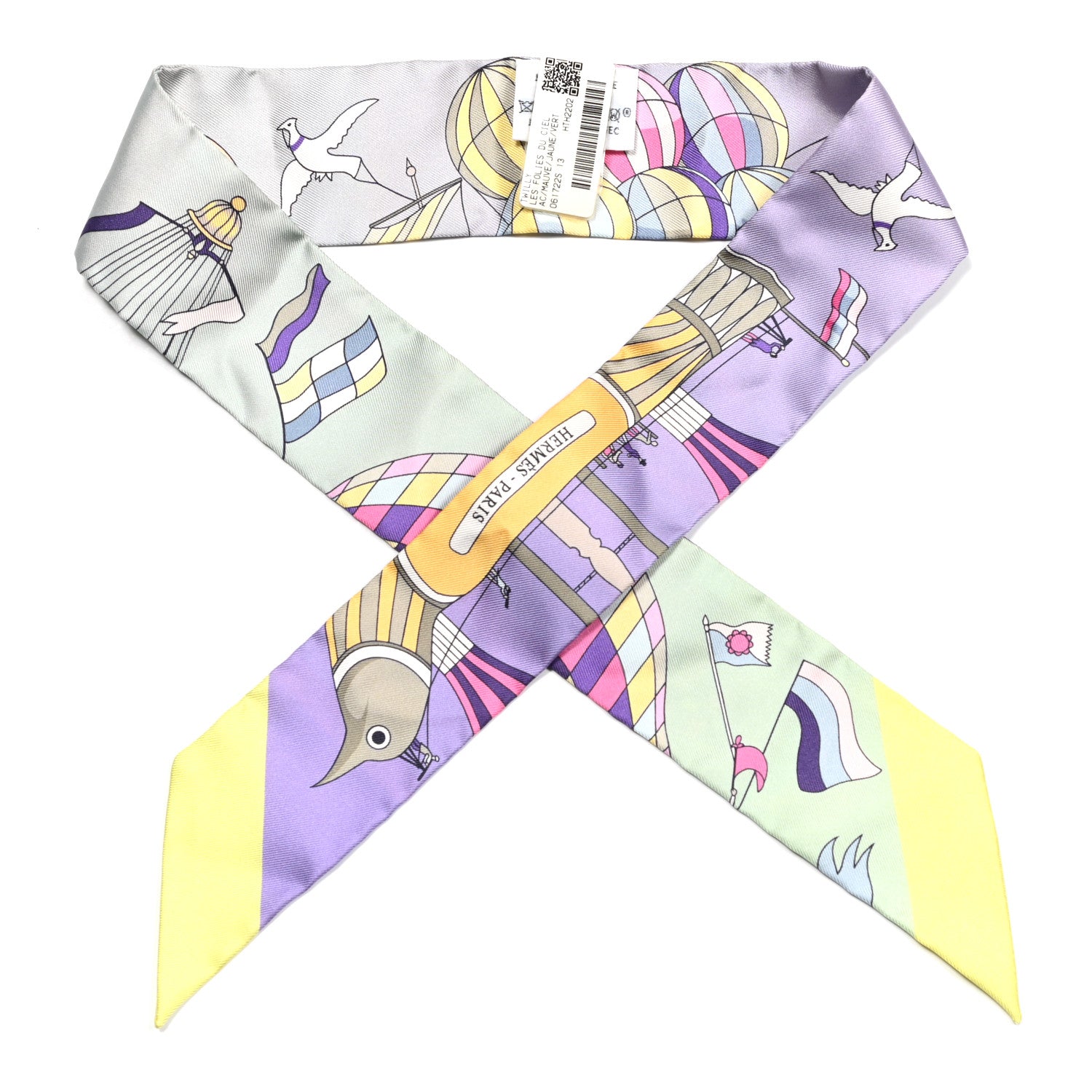 Hermes Silk Les Folies Du Ciel Twilly Mauve Jaune Vert 1 of 4