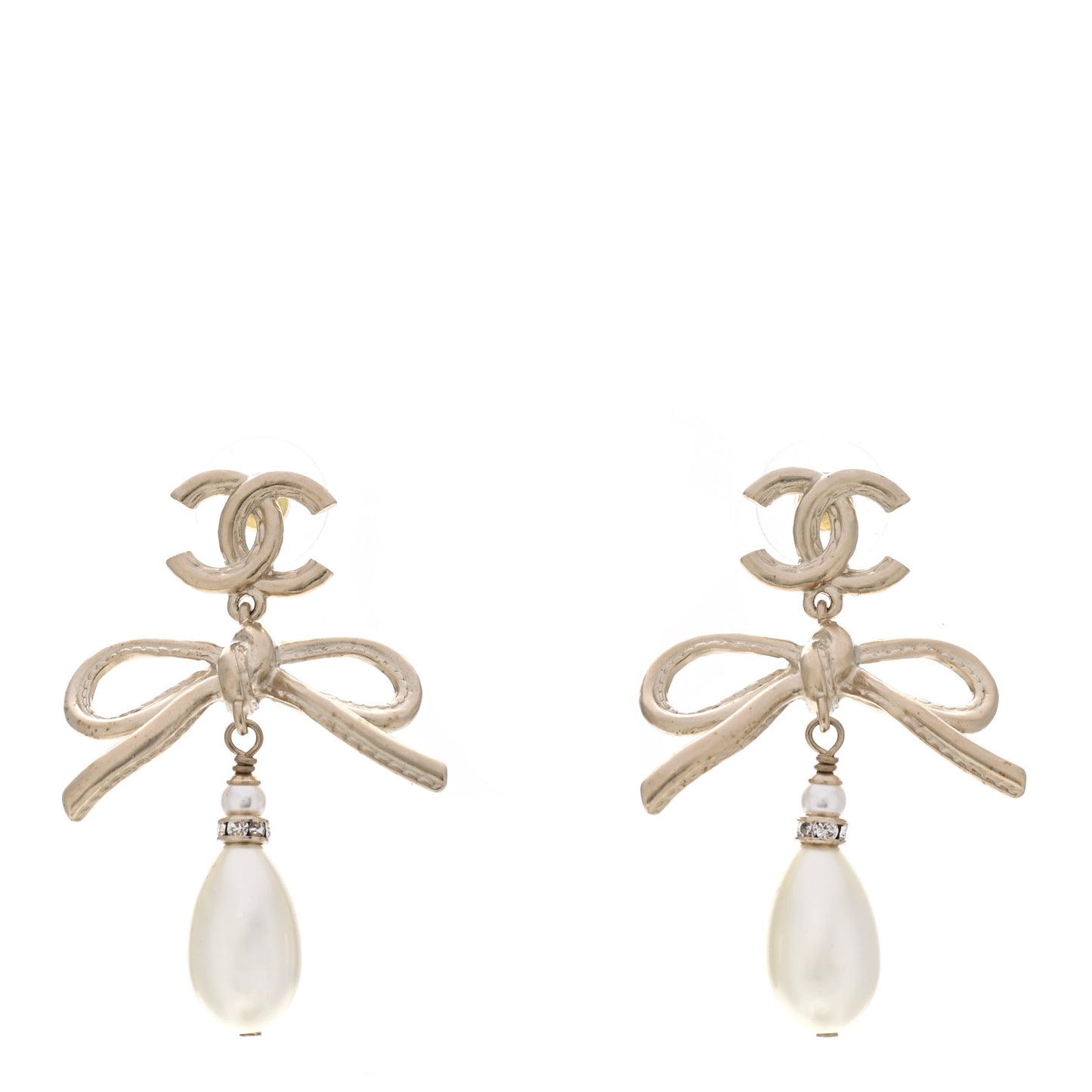 Pearl Crystal CC Bow Drop Earrings Gold Pearly White