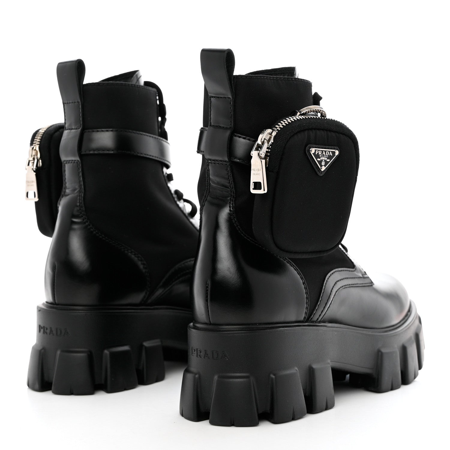 Prada Spazzolato Rois Re-Nylon Metal Triangle Logo Monolith Pouch Pocket 55mm Boots 39.5 Black 4 of 9