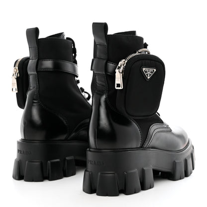 Prada Spazzolato Rois Re-Nylon Metal Triangle Logo Monolith Pouch Pocket 55mm Boots 39.5 Black 4 of 9