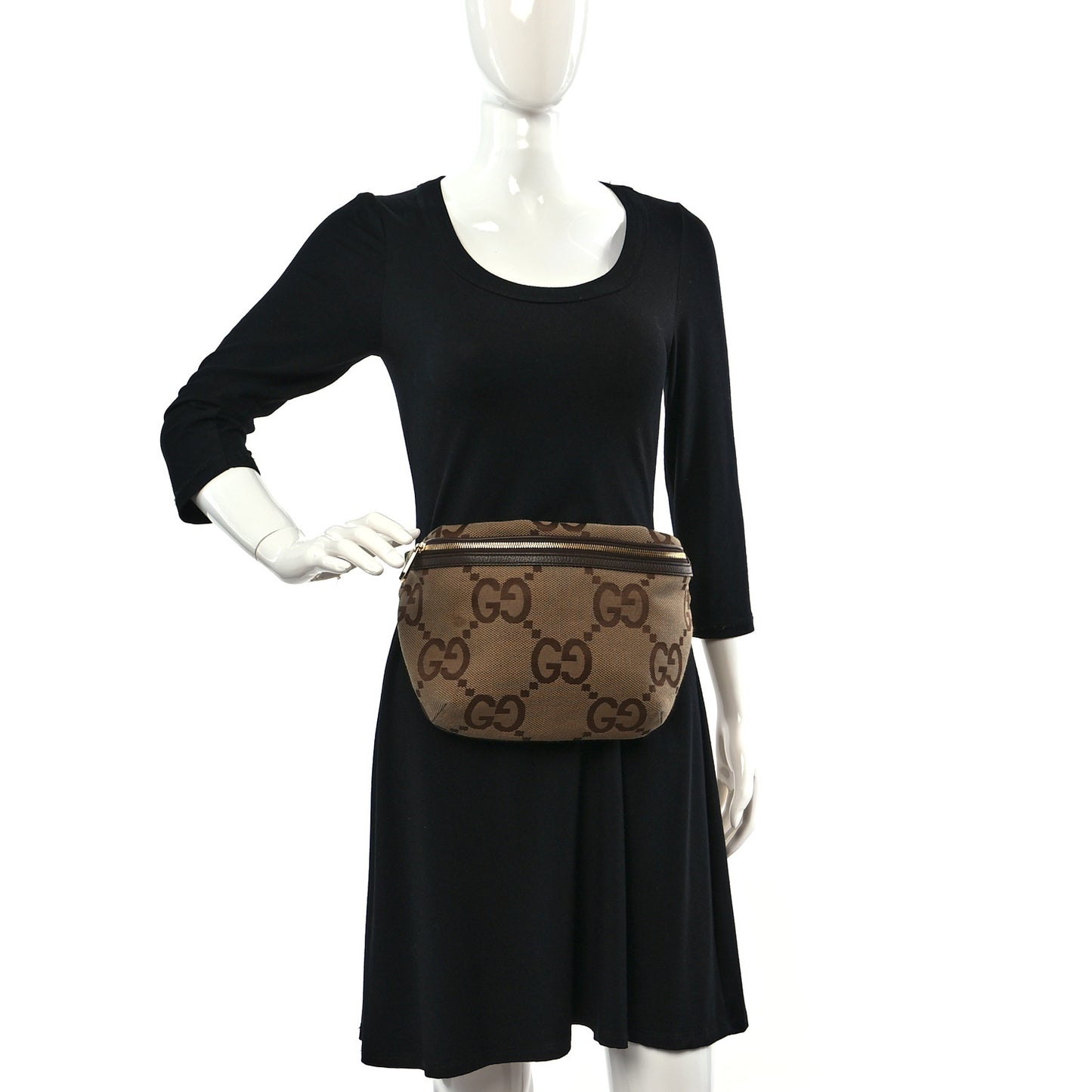 Monogram Jumbo GG Textured Dollar Calfskin Web Belt Bag Camel Ebony New Acero
