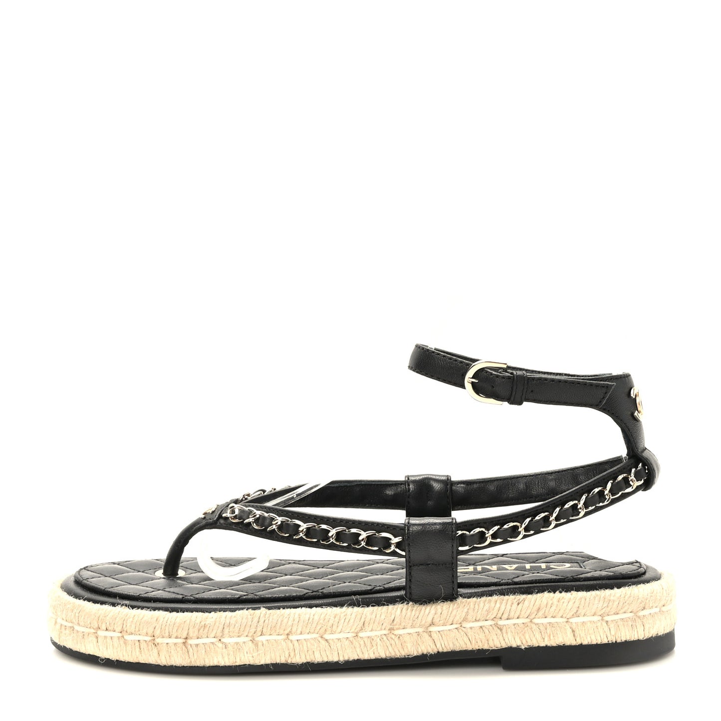 Lambskin Chain CC Thong Espadrille Sandals 38 Black
