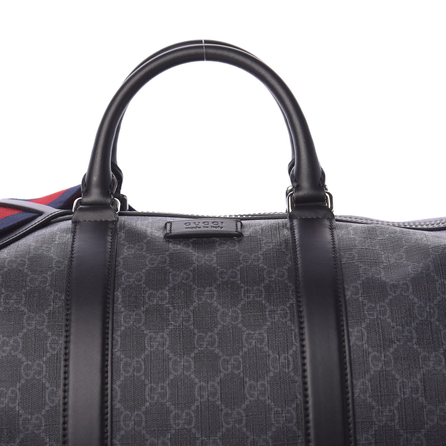 Soft GG Supreme Monogram Appia Calfskin Web Large Carry On Duffle Bag Black Grey