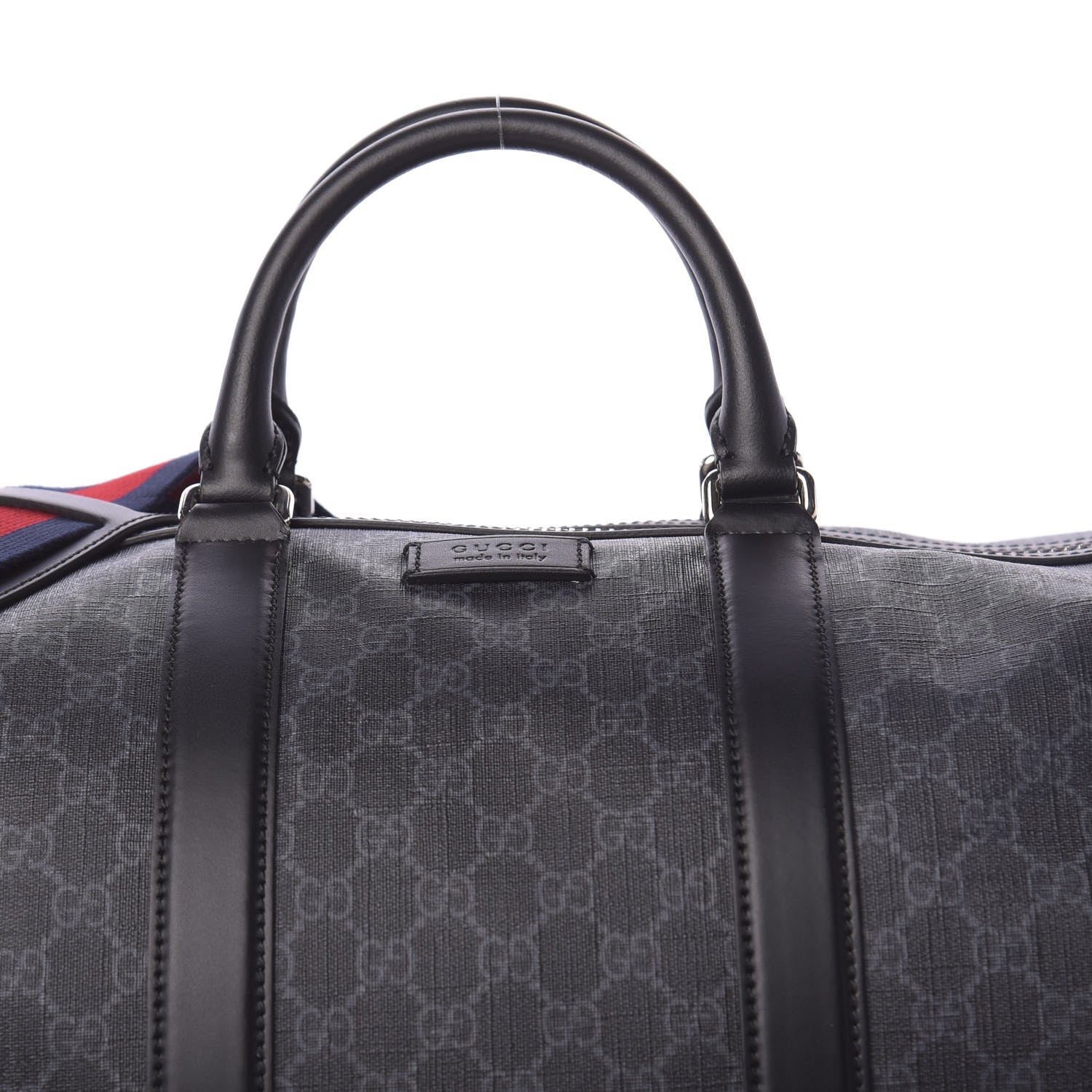 Gucci Soft GG Supreme Monogram Appia Calfskin Web Large Carry On Duffle Bag Black Grey 10 of 11
