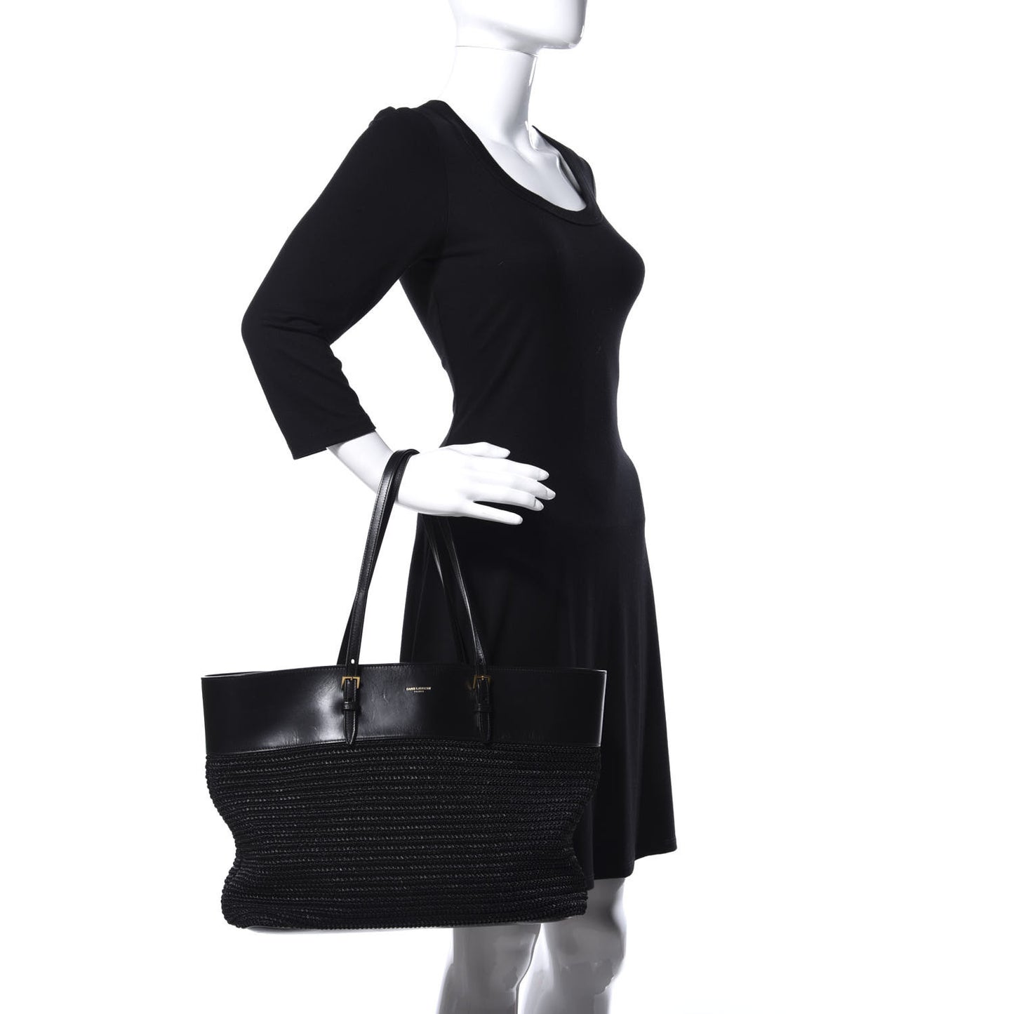 Calfskin Raffia Medium Shopper Tote Black