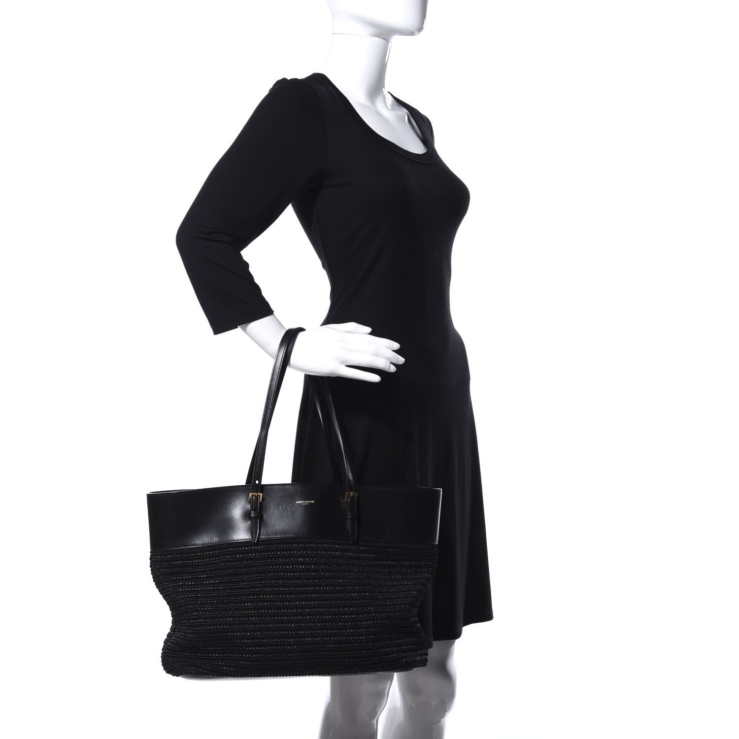 Saint Laurent Calfskin Raffia Medium Shopper Tote Black 2 of 9
