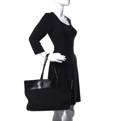 Saint Laurent Calfskin Raffia Medium Shopper Tote Black 2 of 9