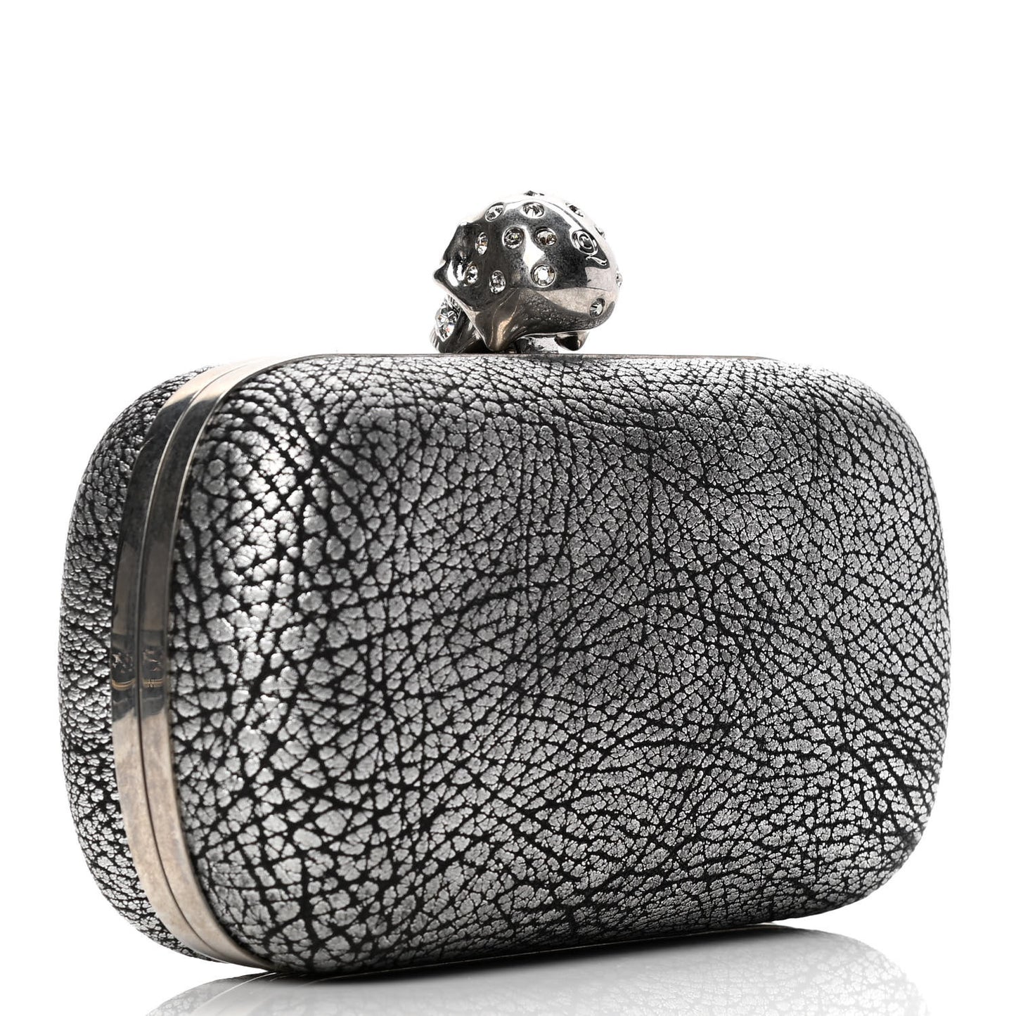 Metallic Crackled Lambskin Skull Box Clutch Silver