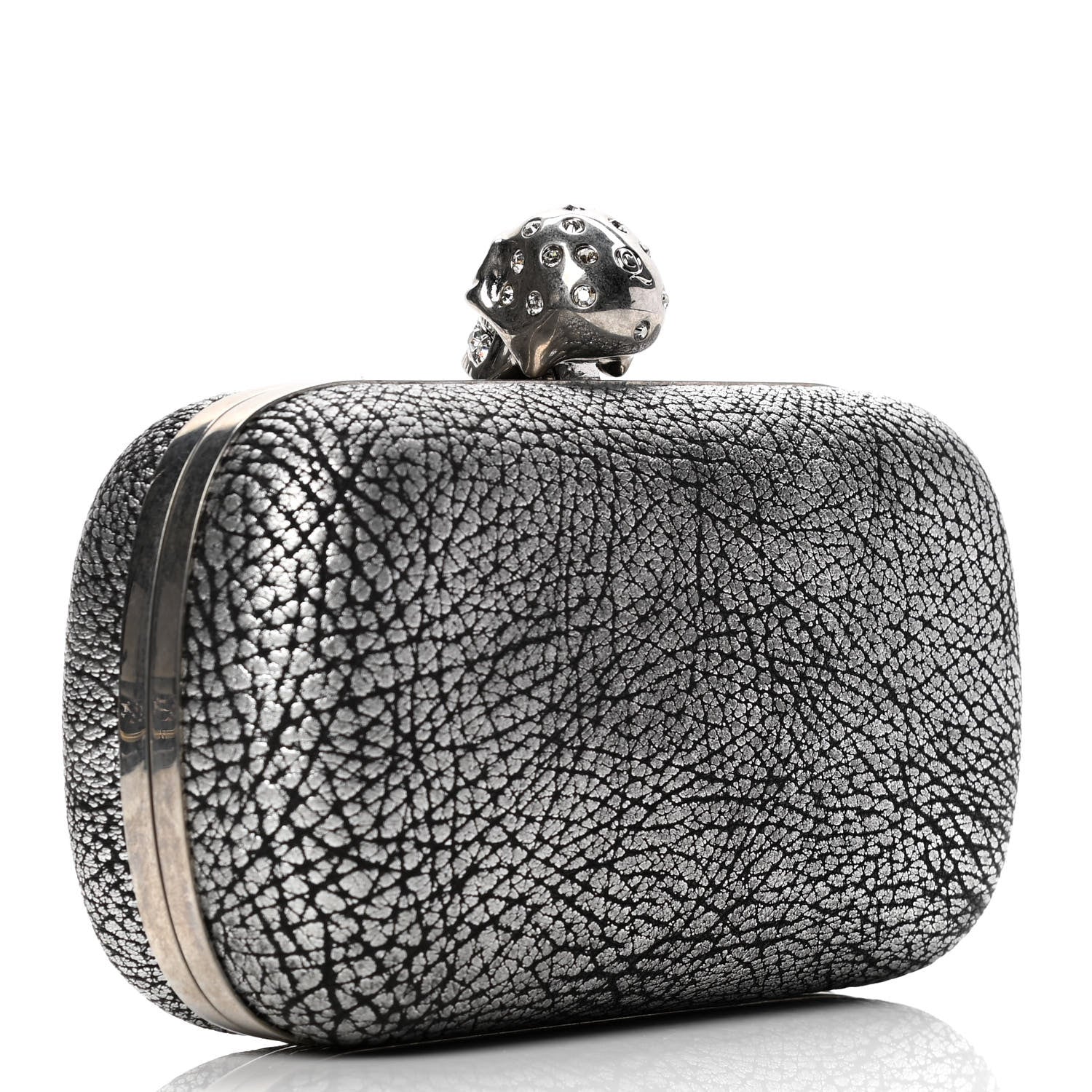 Alexander McQueen Metallic Crackled Lambskin Skull Box Clutch Silver 2 of 4