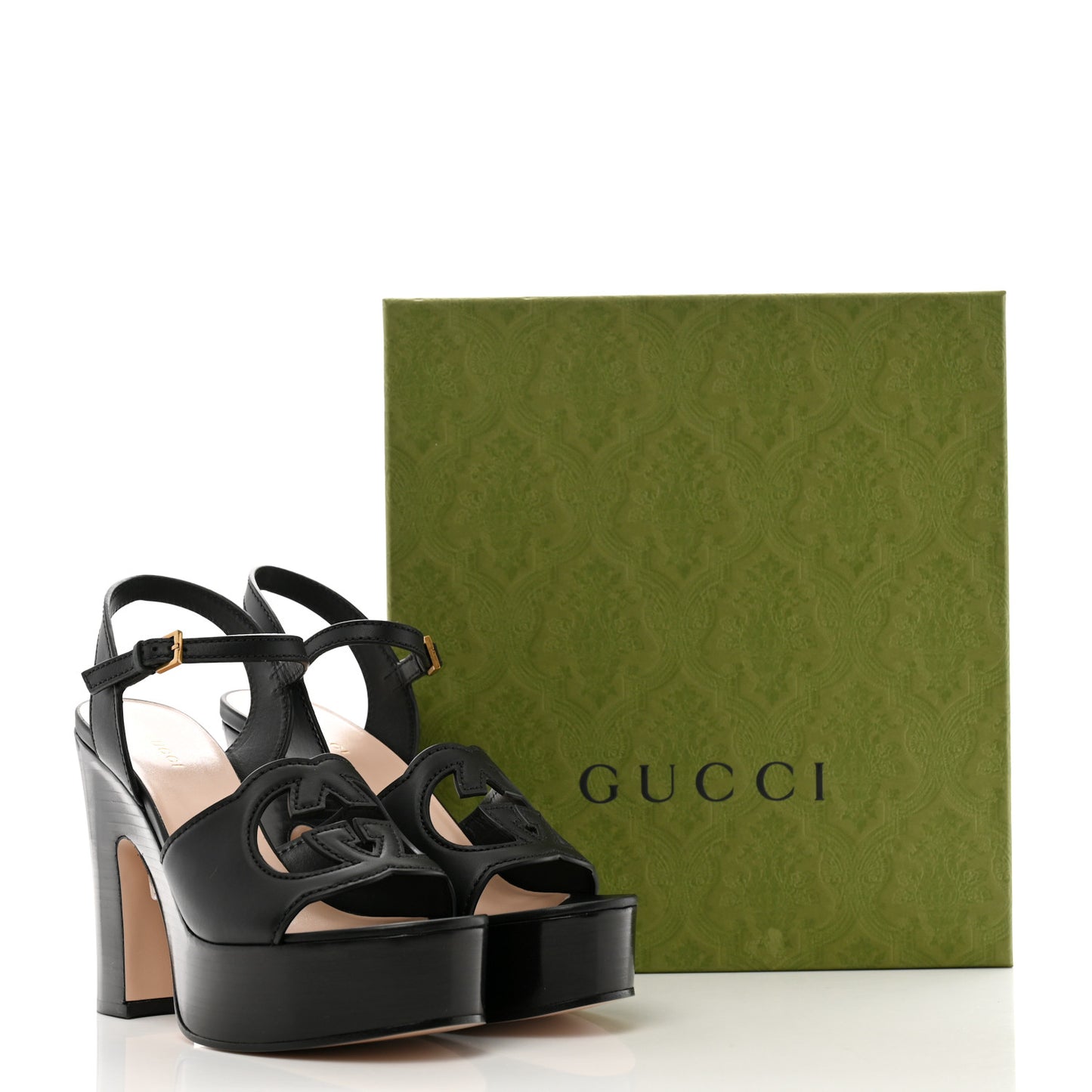 Cosmos Softy Calfskin Wooden Interlocking G Cut-Out 30/120mm Platform Sandals 38 Black