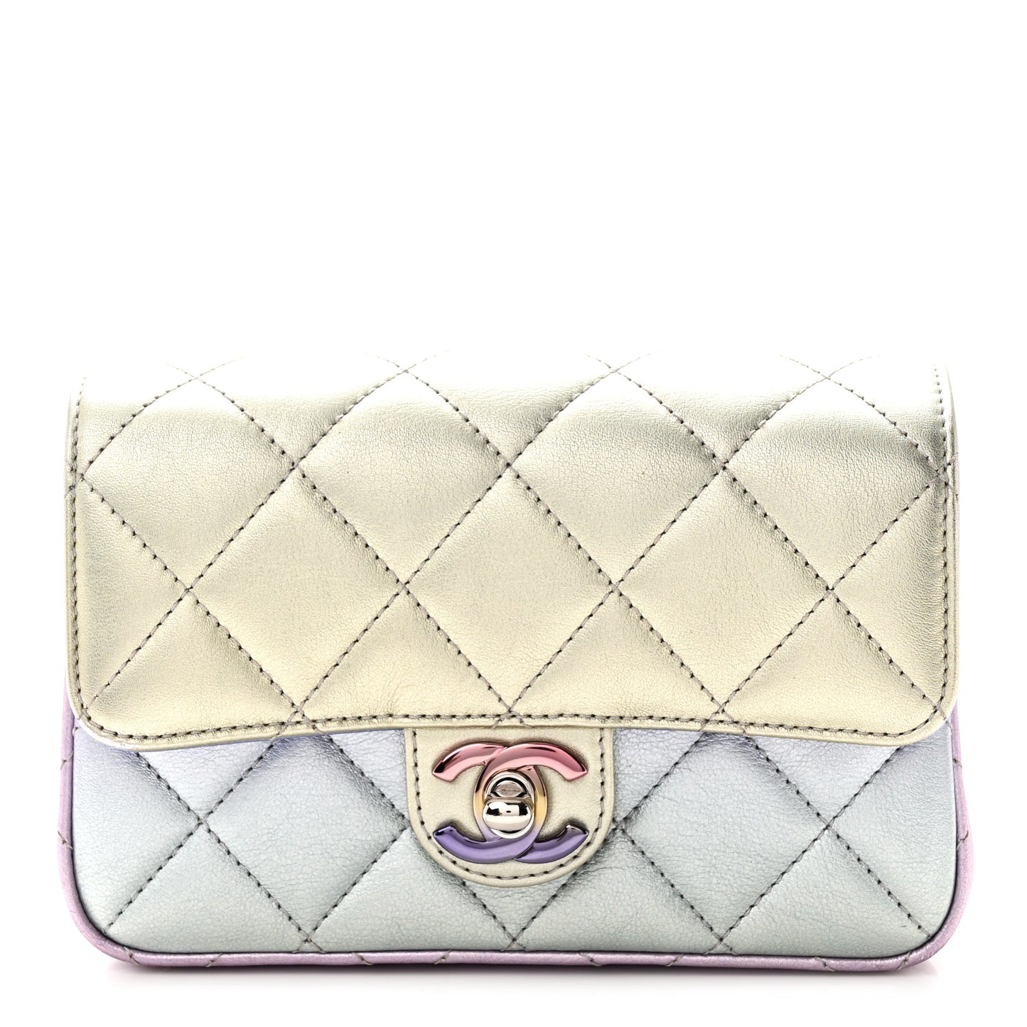 Gradient Metallic Calfskin Quilted Clutch Silver Blue Yellow Purple