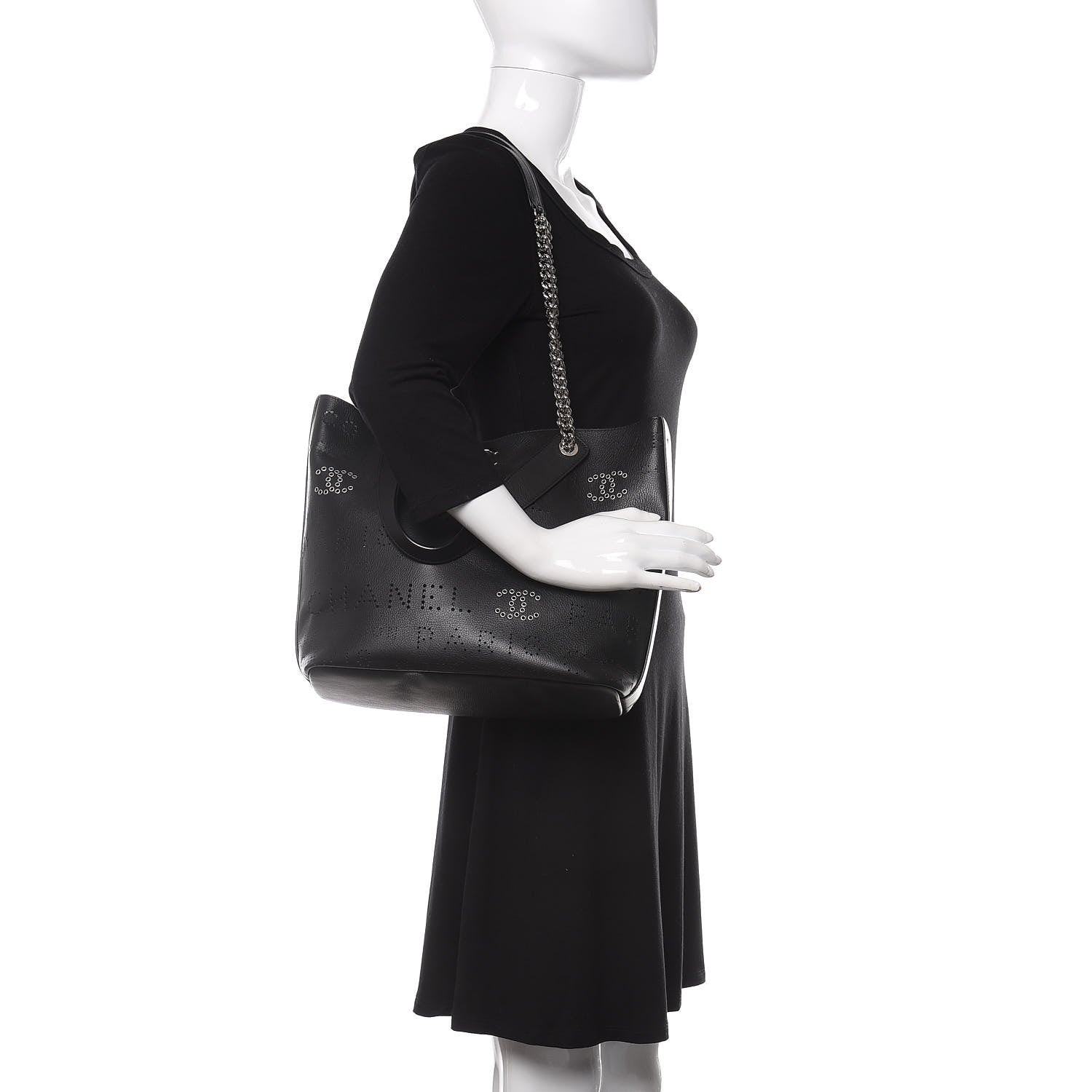 Chanel Calfskin Tweed Small Logo Eyelets Shopping Tote Black 3 of 12