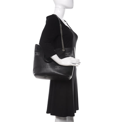 Chanel Calfskin Tweed Small Logo Eyelets Shopping Tote Black 3 of 12