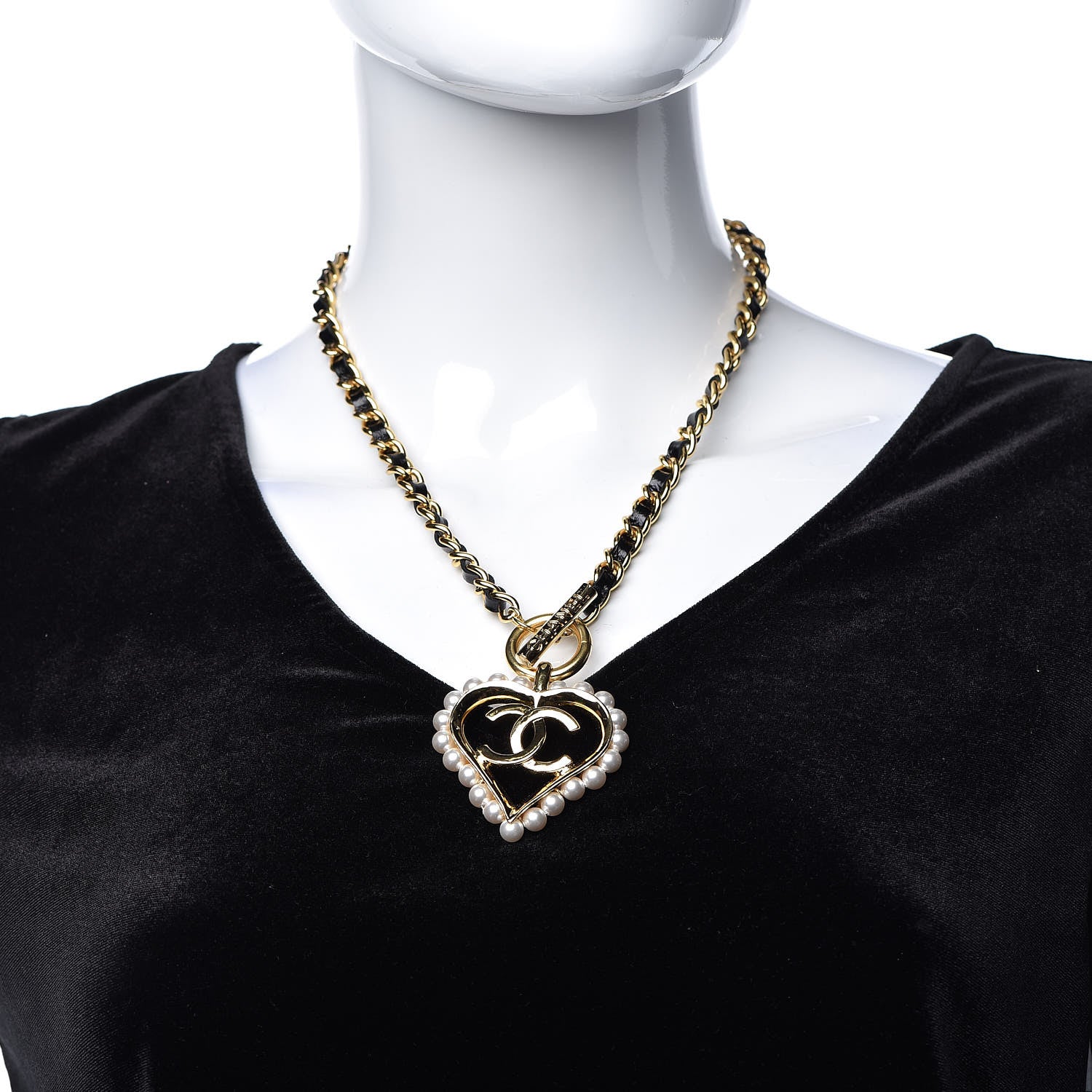 Chanel Calfskin Pearl Heart Necklace Gold Black 2 of 7
