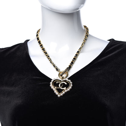 Chanel Calfskin Pearl Heart Necklace Gold Black 2 of 7