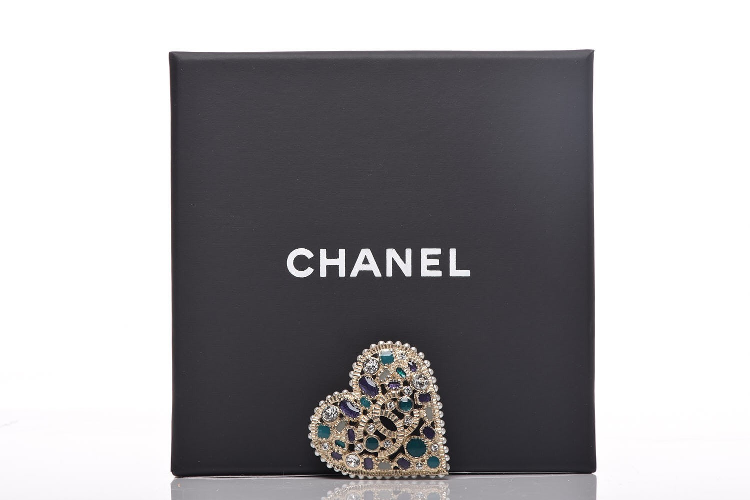 Chanel Crystal Pearl CC Heart Brooch Gold Green Purple 5 of 5