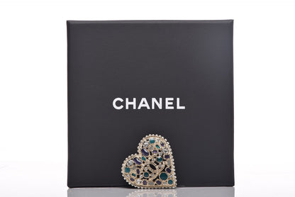 Chanel Crystal Pearl CC Heart Brooch Gold Green Purple 5 of 5