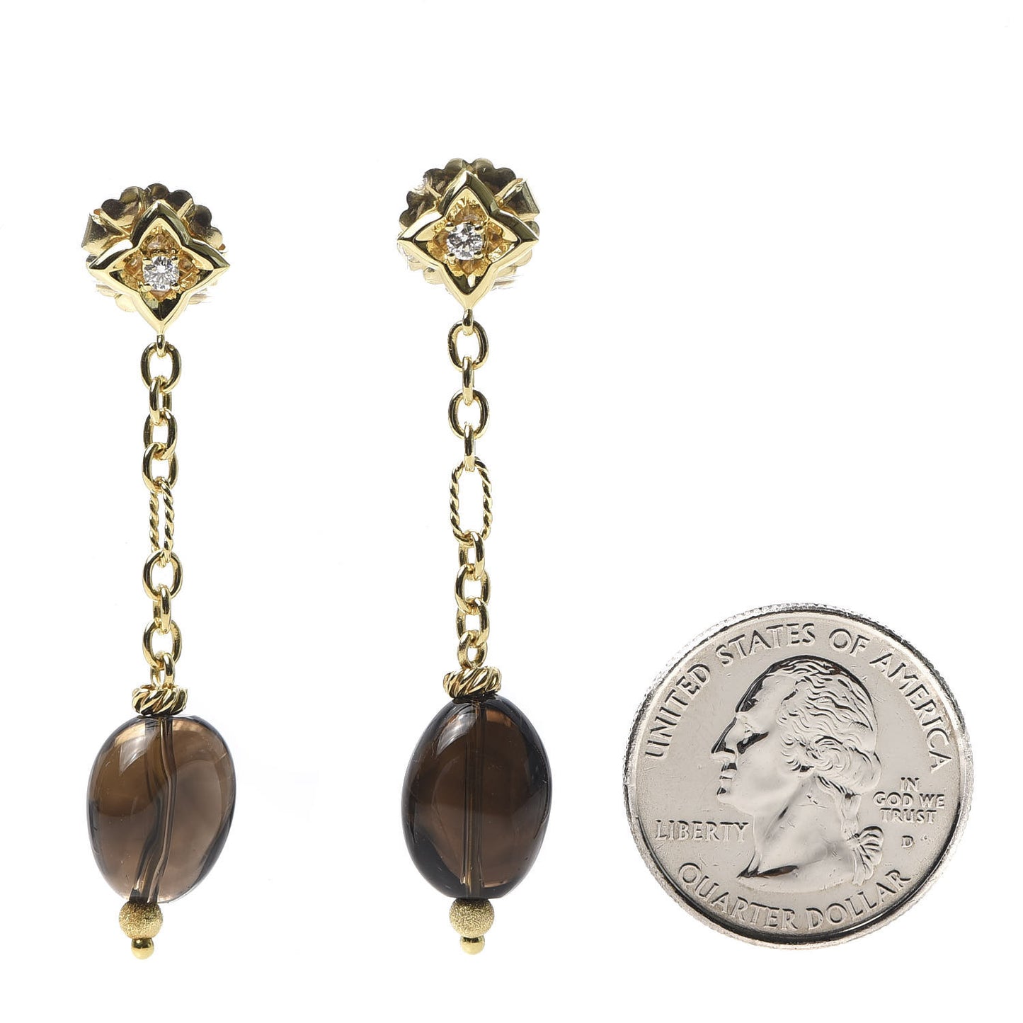18K Yellow Gold Diamond Smoky Quartz Quatrefoil Drop Earrings