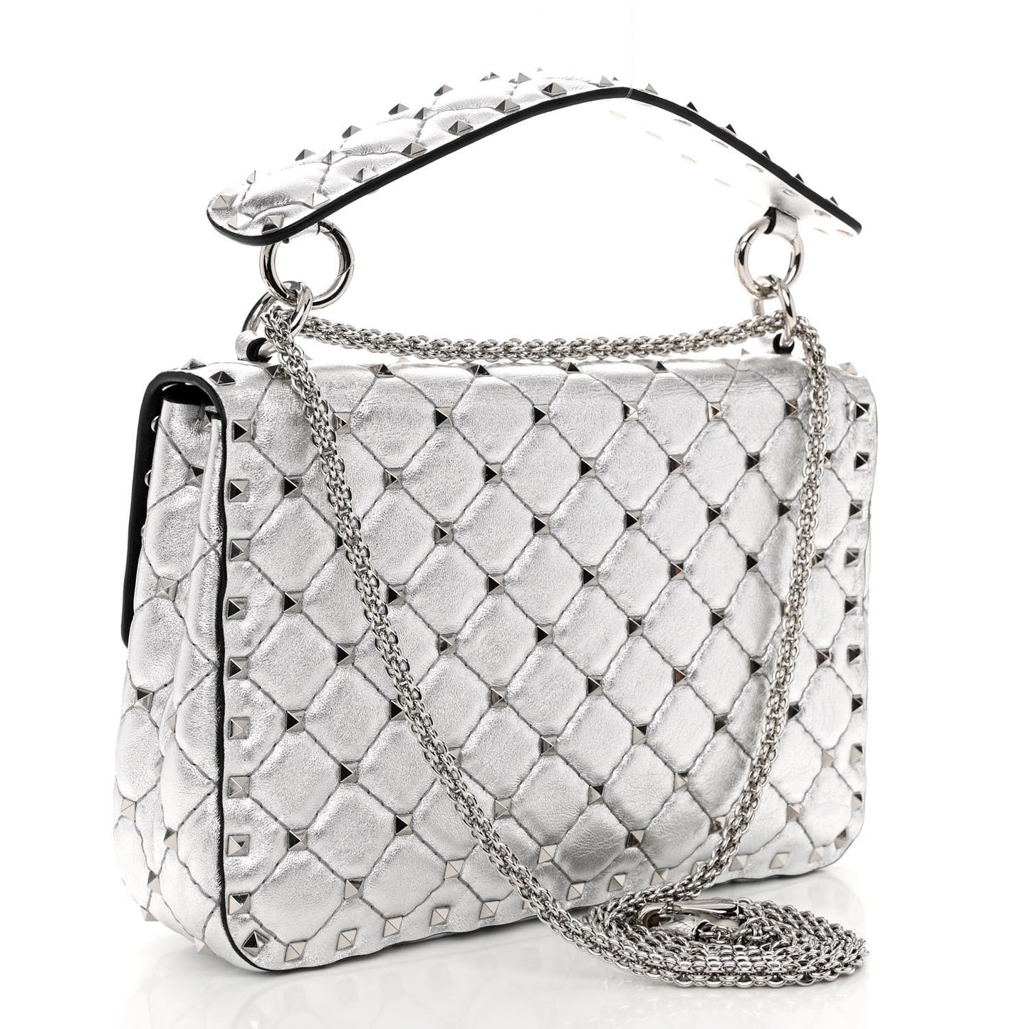 Metallic Nappa Medium Rockstud Spike Shoulder Bag Silver