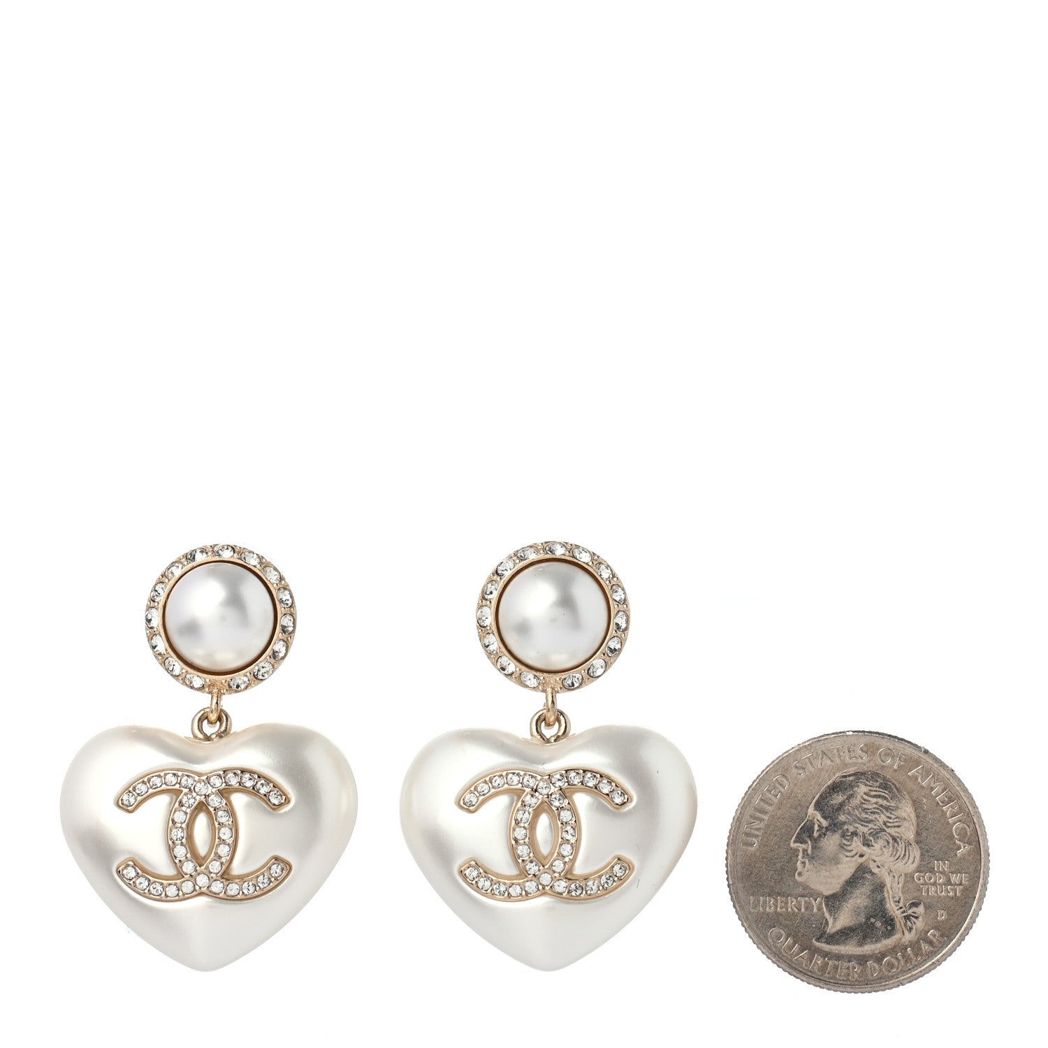 Chanel Pearl Crystal CC Heart Drop Earrings Gold 2 of 3