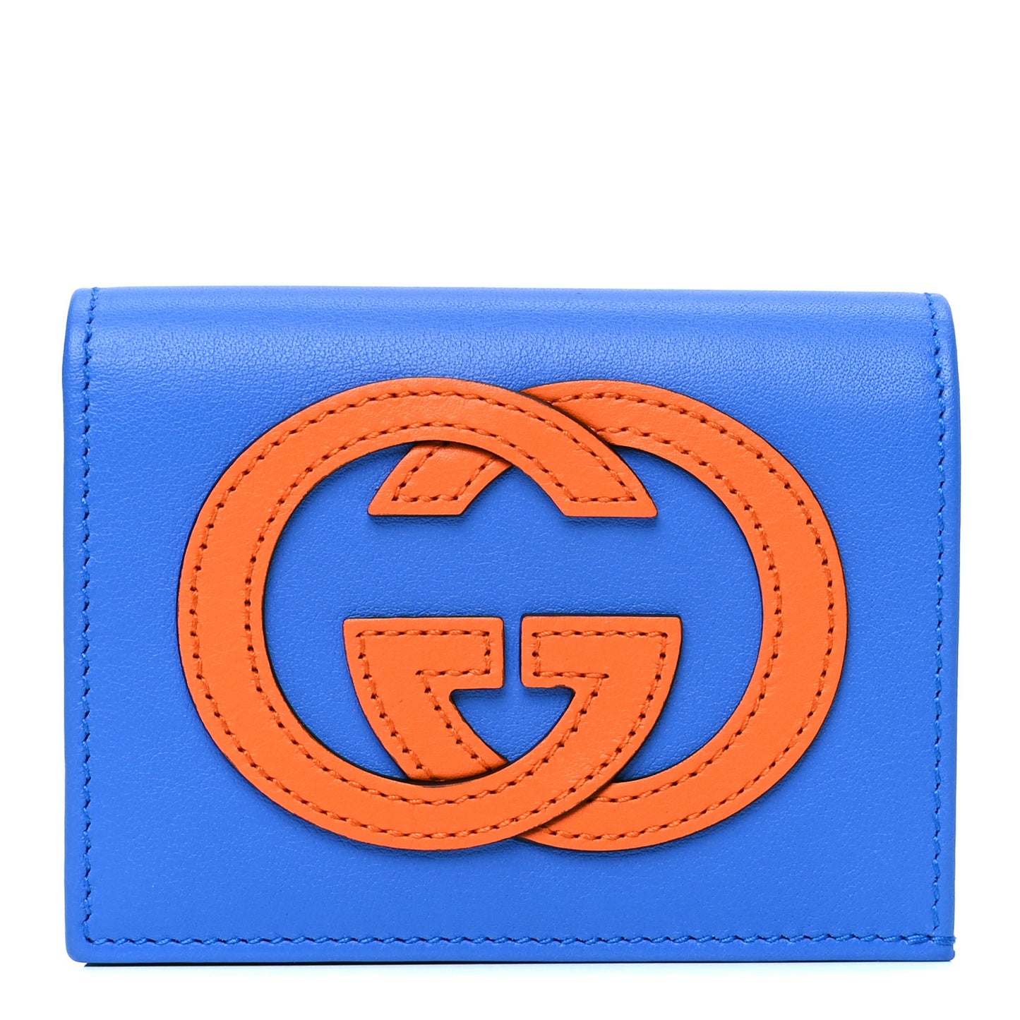 Calfskin Interlocking Card Case Bright Splash Carrot Orange