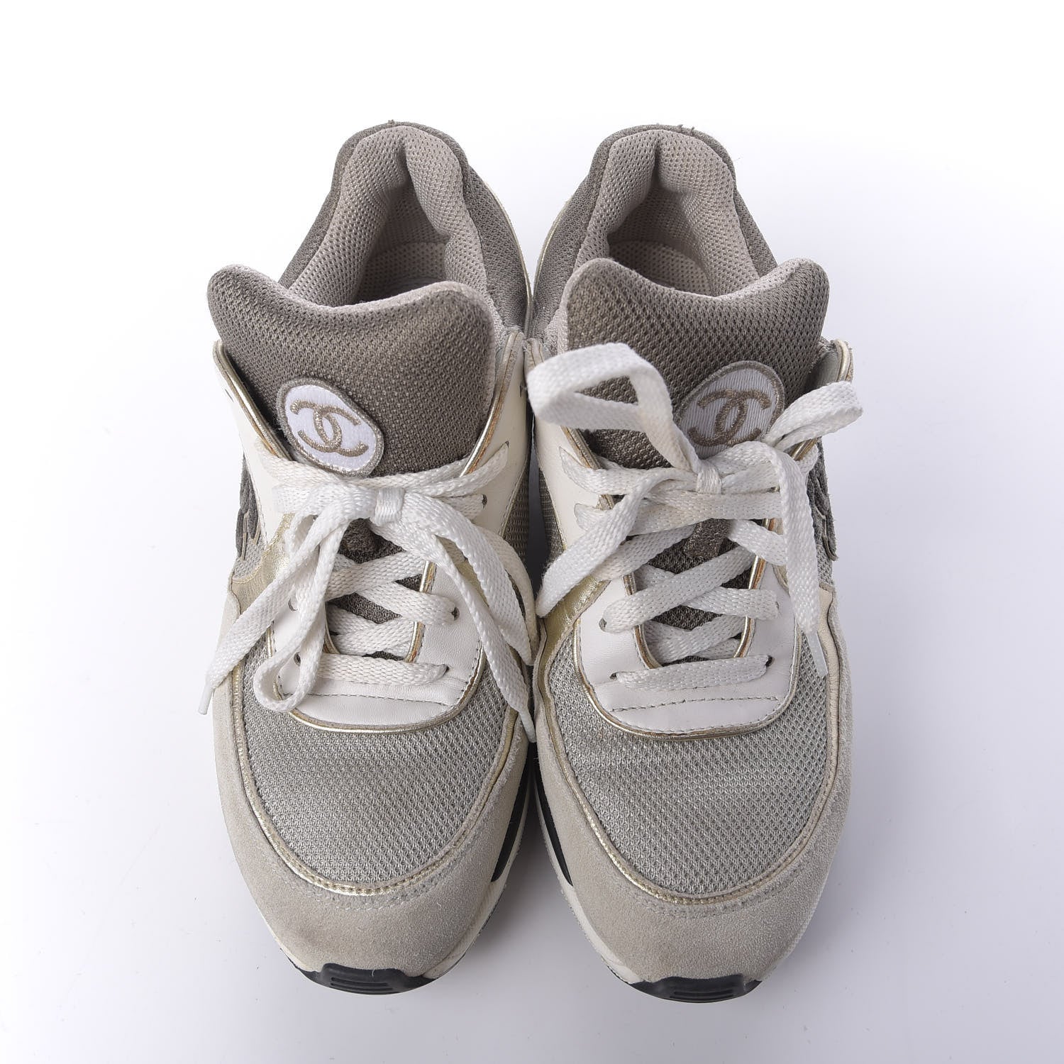 Chanel Suede Calfskin CC Sneakers 37.5 Beige Gold 5 of 12