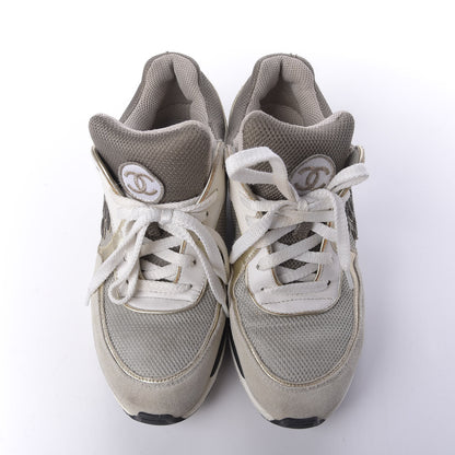 Chanel Suede Calfskin CC Sneakers 37.5 Beige Gold 5 of 12