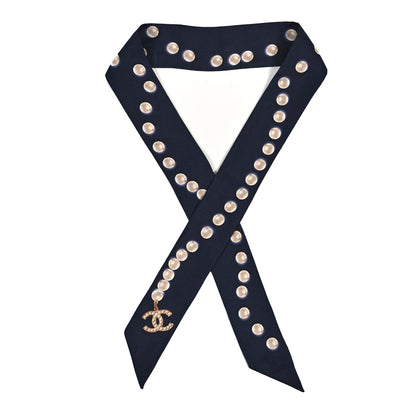 Chanel Silk Pearl CC Slim Bandeau Scarf Dark Navy 1 of 4