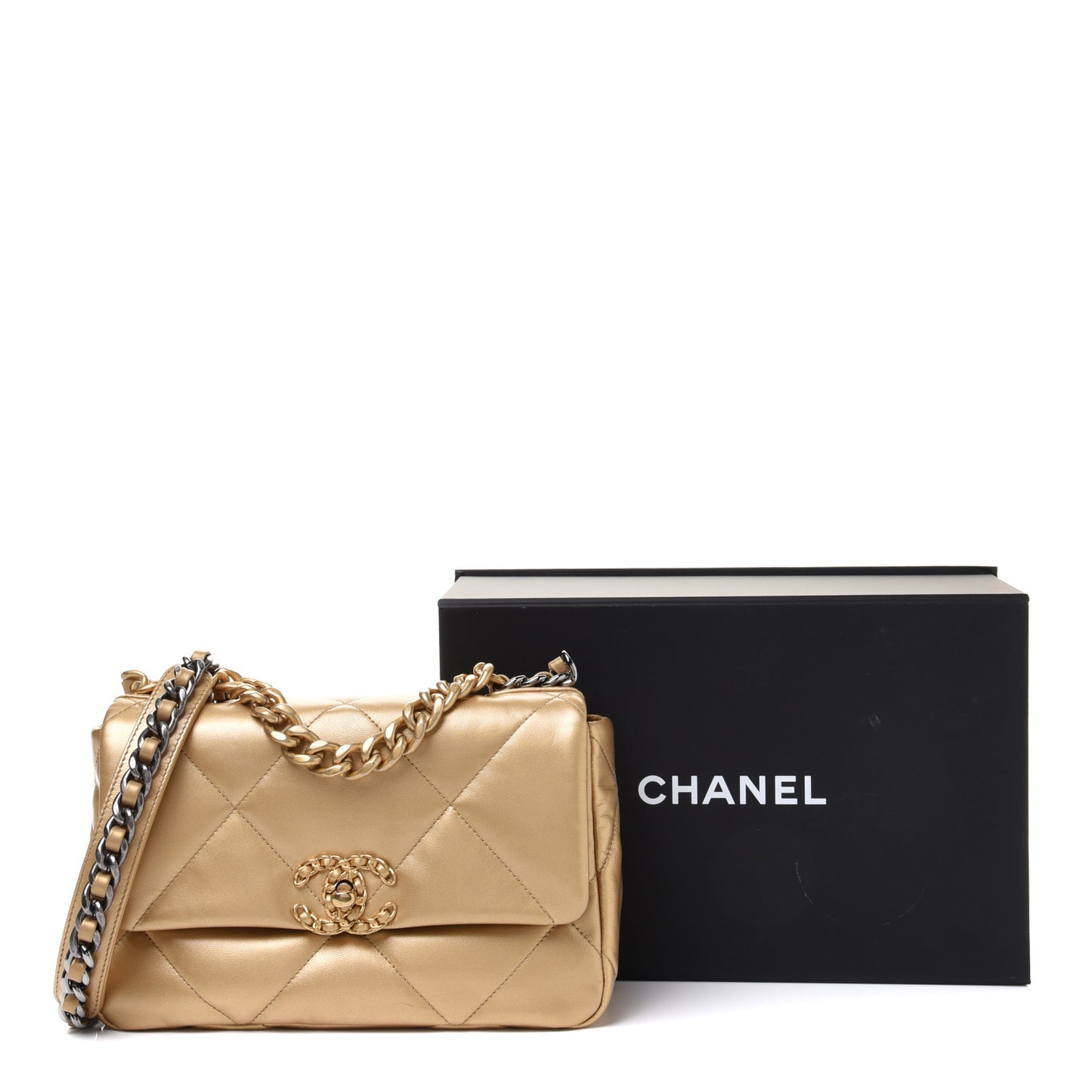 Metallic Goatskin Quilted Medium Chanel 19 Flap Gold