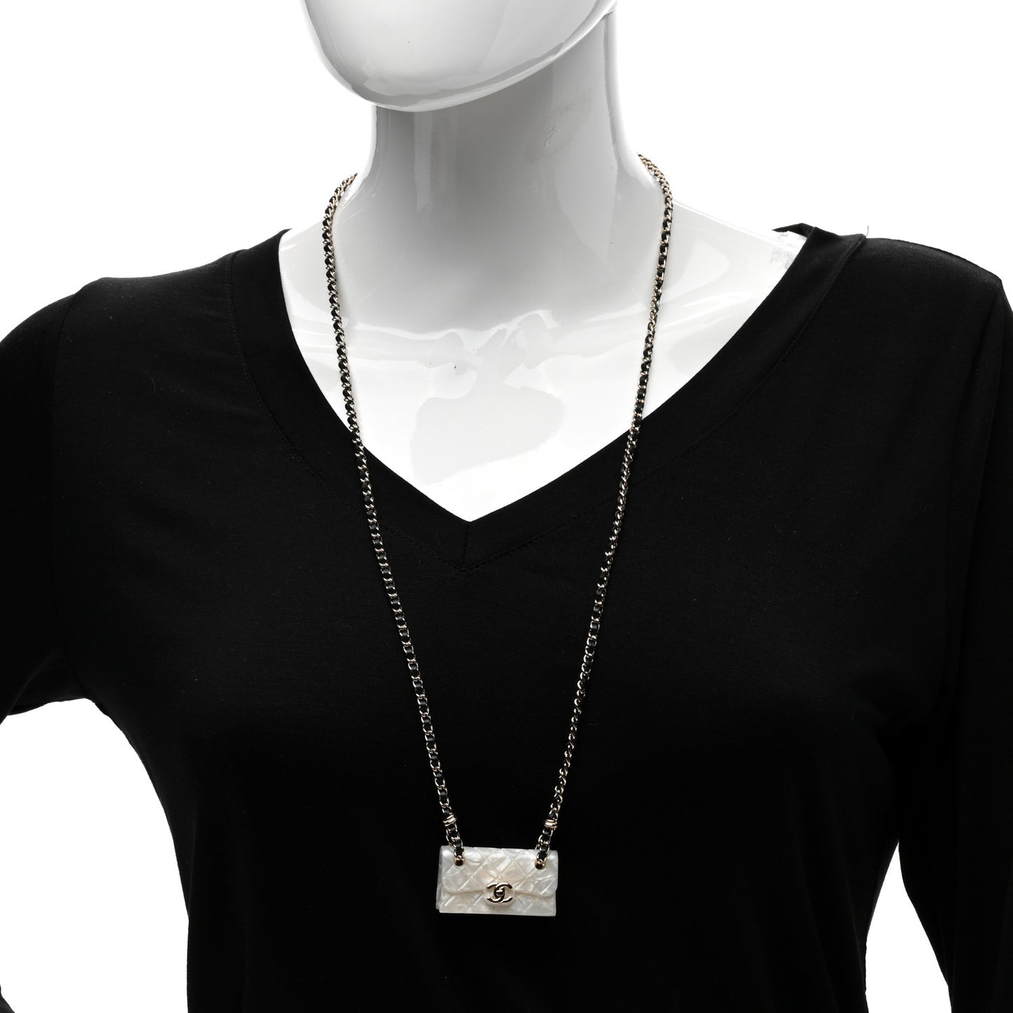 Metal Resin Calfskin Quilted CC Turnlock Chain Bag Necklace Gold White